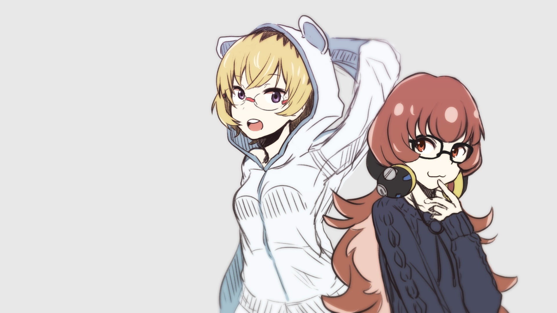 females, glasses, Hikiotani Ito, emotion, studio shot, anime girls, young adult, Daihatsu Meika, simple background, blonde, Punch Line, indoors, headphones, HD Wallpaper