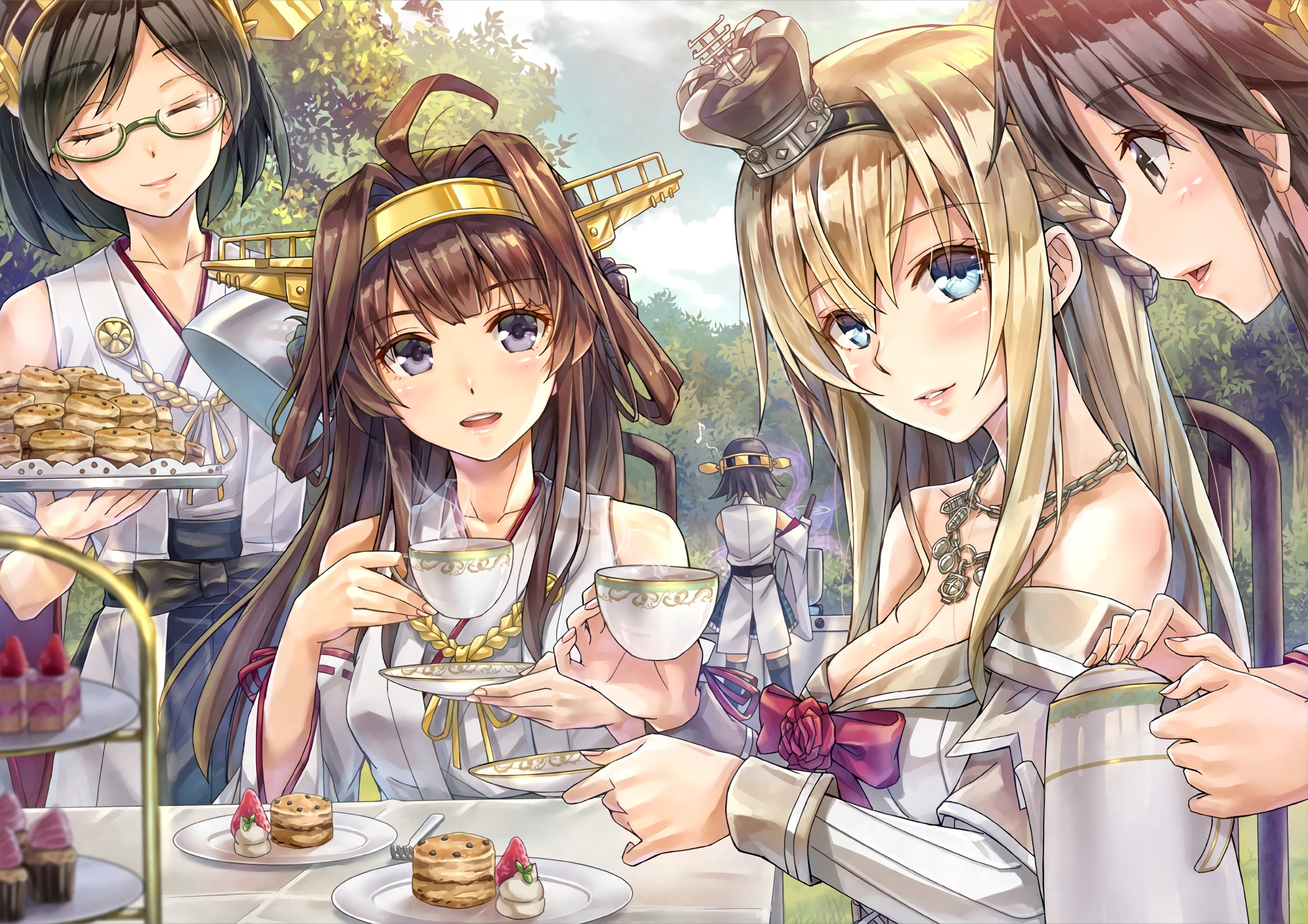 disguise, Kirishima (KanColle), Kantai Collection, blue eyes, retail, Warspite (KanColle), women, Kongou (KanColle), human representation, hairstyle, black hair, HD Wallpaper