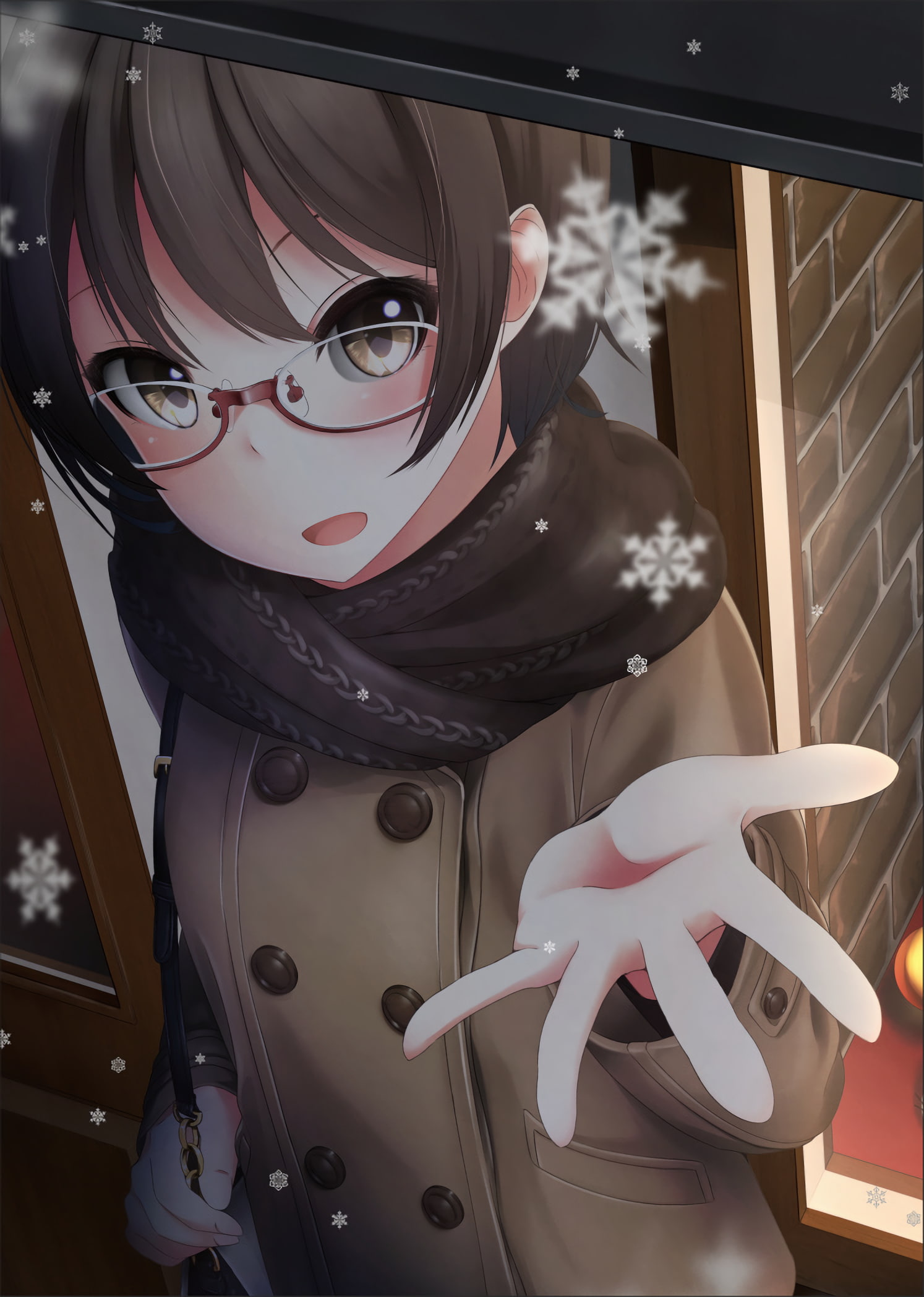 brown hair, anime girl, 1080P, meganekko, scarf, snowflake, Anime, Phone HD Wallpaper