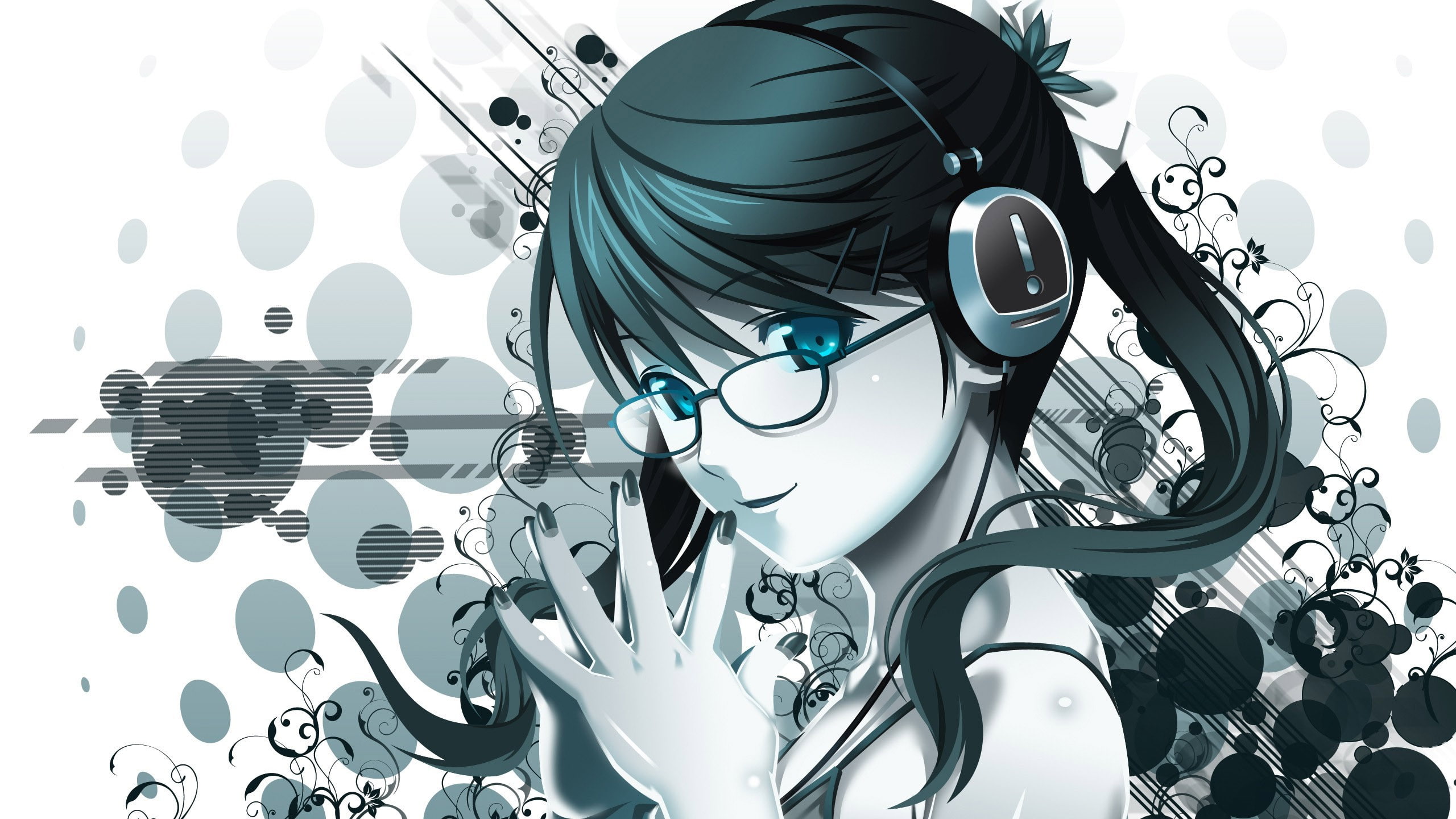 meganekko, blue eyes, anime girls, glasses, 2K, headphones, HD Wallpaper