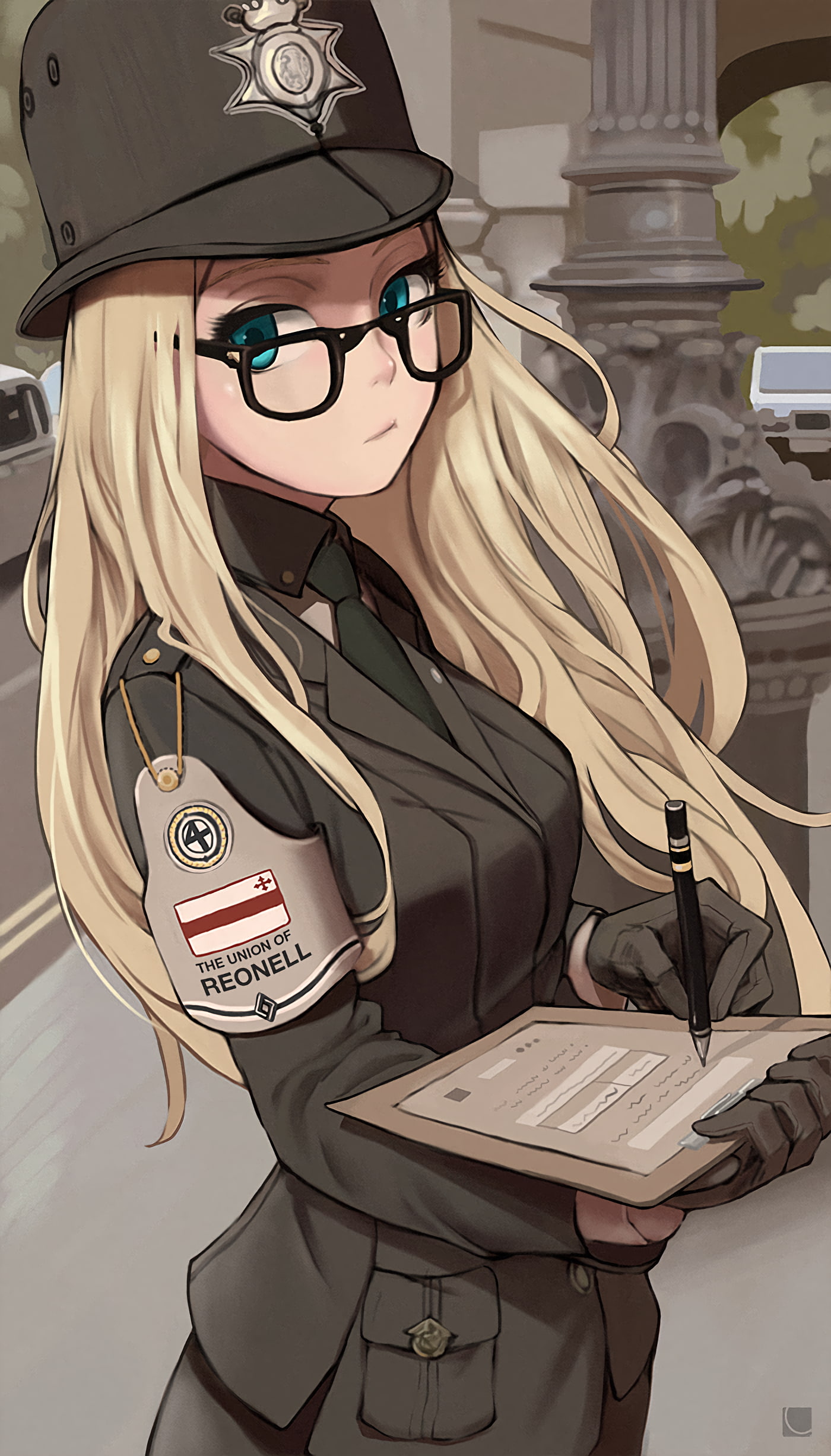 police, hat, blue eyes, blonde, long hair, 1080P, meganekko, uniform, glasses, anime girls, anime, Phone HD Wallpaper