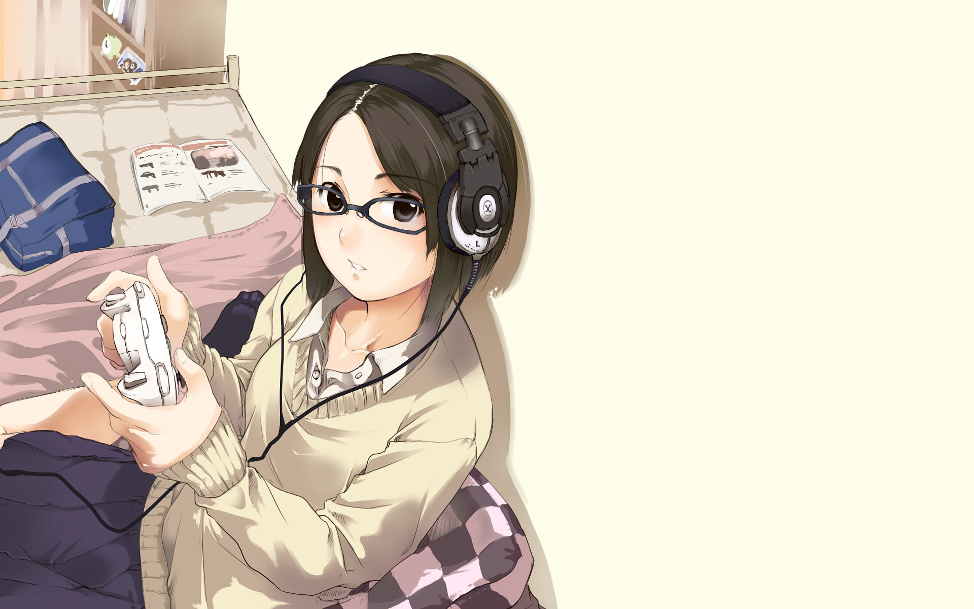 females, real people, young adult, short hair, Anime, indoors, meganekko, casual clothing, one person, playing games, looking at camera, beautiful woman, HD Wallpaper