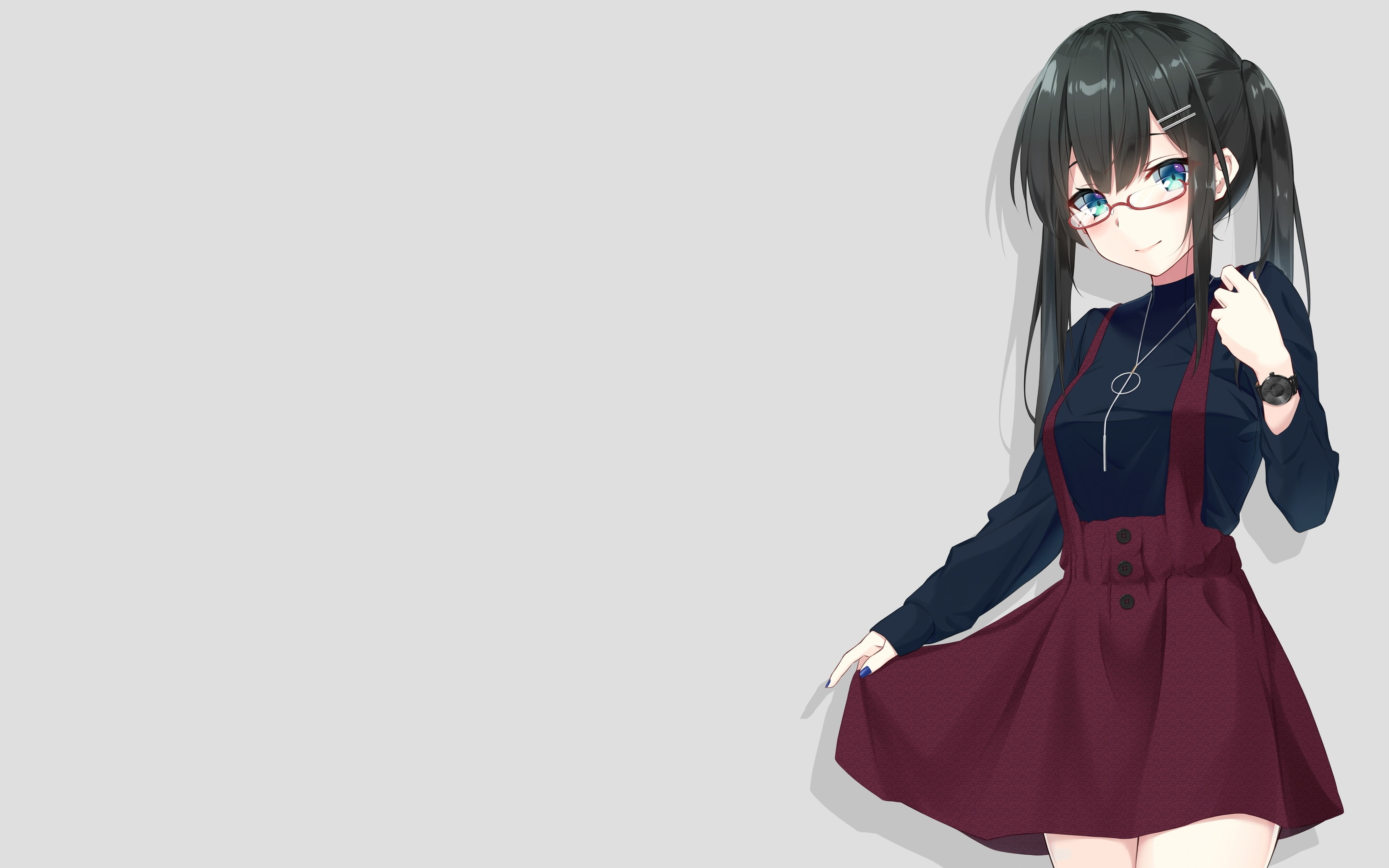 standing, anime girl, women, white background, 2K, indoors, Anime, fashion, dress, glasses, young women, studio shot, clothing, copy space, girls, front view, HD Wallpaper