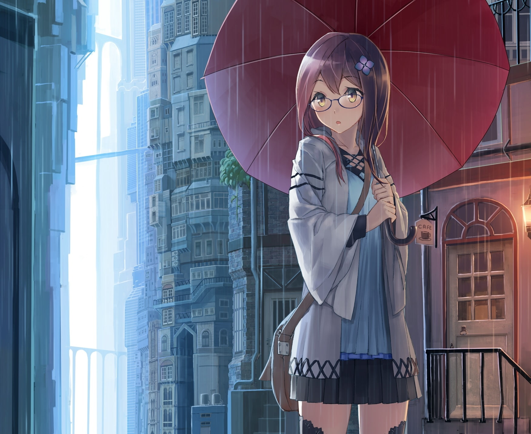 umbrella, holding, raining, digital composite, three quarter length, beautiful woman, buildings, architecture, building exterior, skyscraper, adult, anime girl, HD Wallpaper