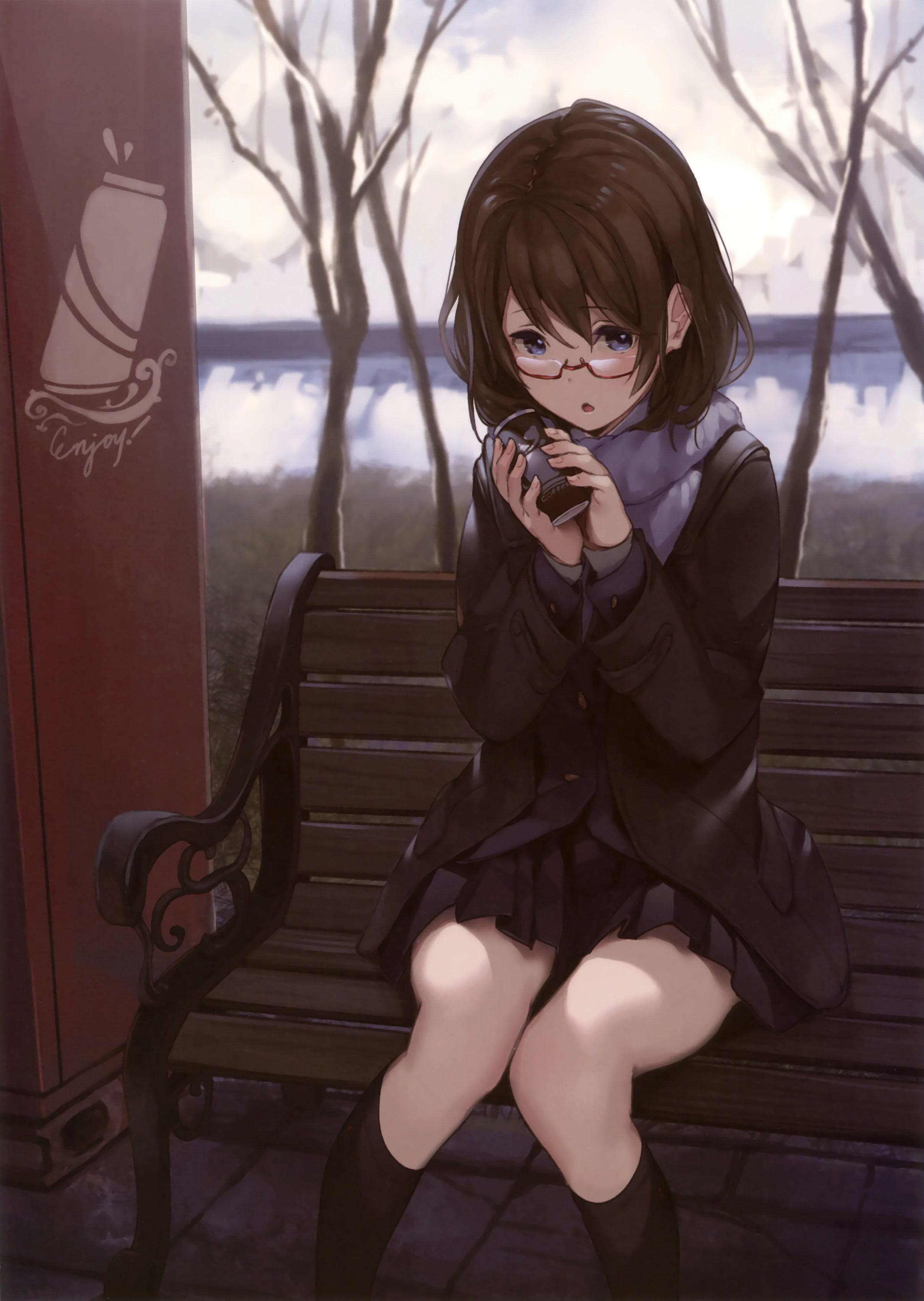 Anime, portrait, meganekko, front view, real people, bench, leisure activity, one person, childhood, sitting, anime girl, indoors, school uniform, looking at camera, Phone HD Wallpaper