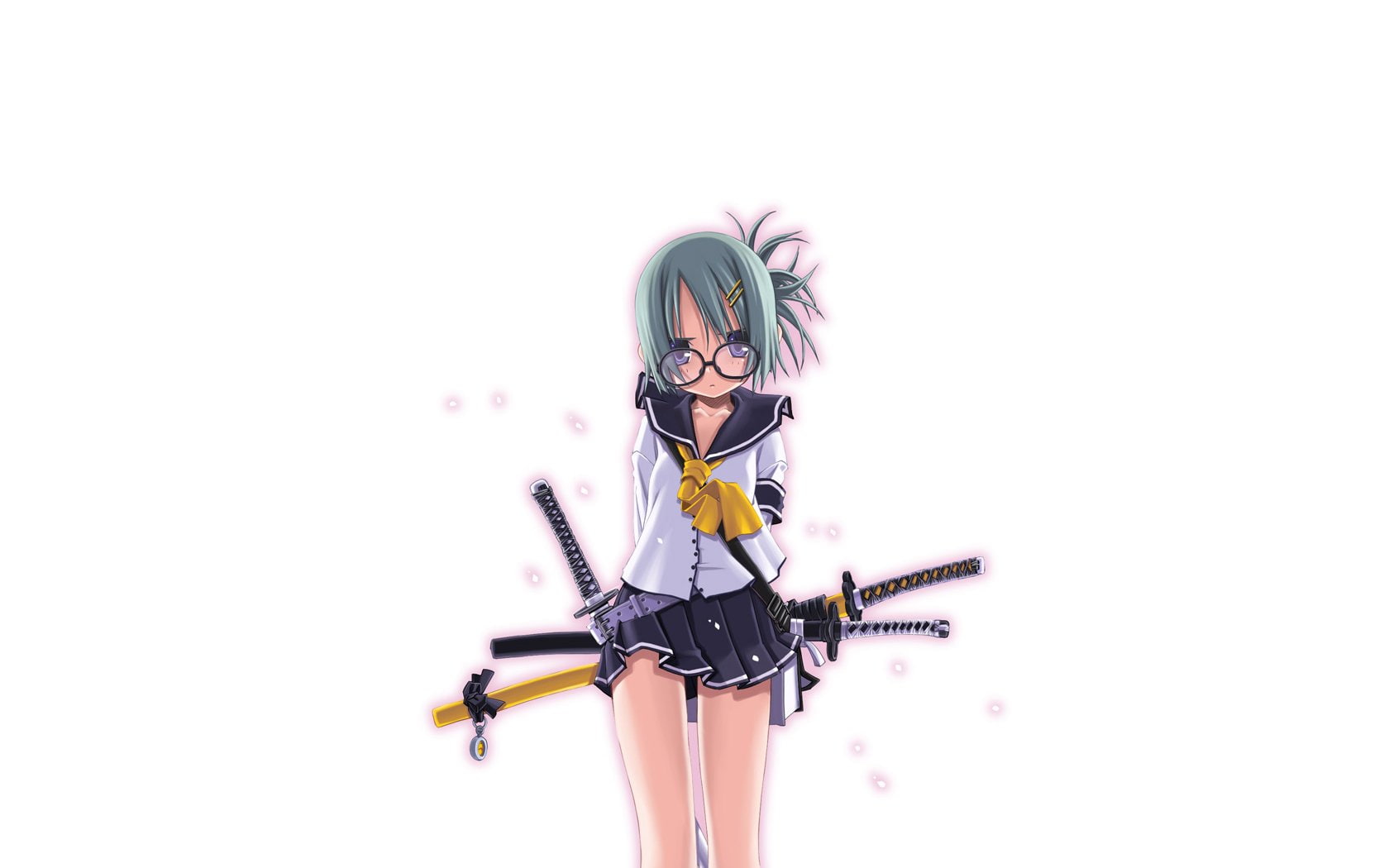 720P, characters, artist, girls, background, katana, tsuitachi, school, original, anime, meganekko, sakuya, simple, sailor, white, uniforms, weapons, HD Wallpaper