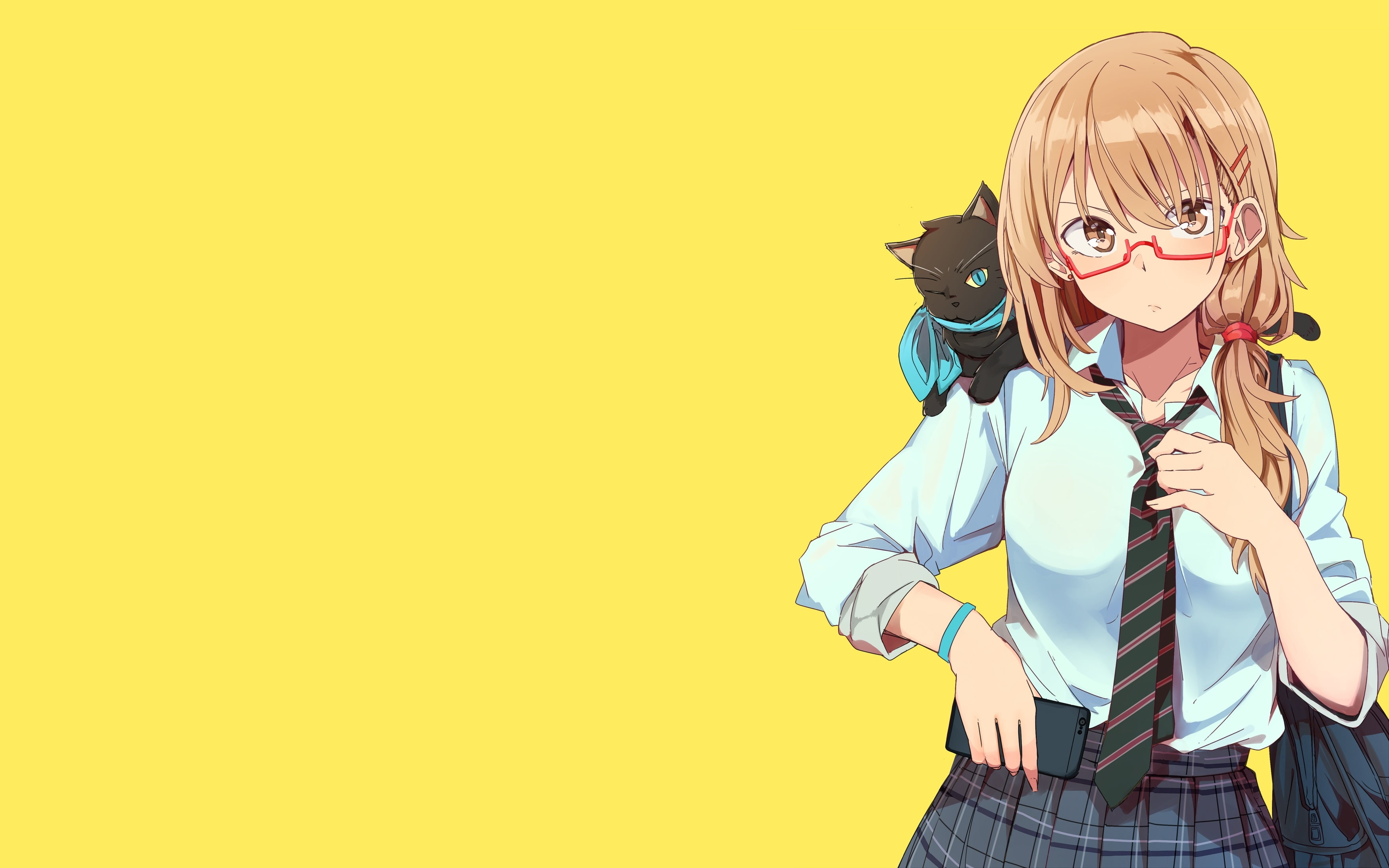 cat, young women, looking at camera, waist up, copy space, females, real people, standing, portrait, 2K, glasses, school uniform, yellow, women, front view, HD Wallpaper