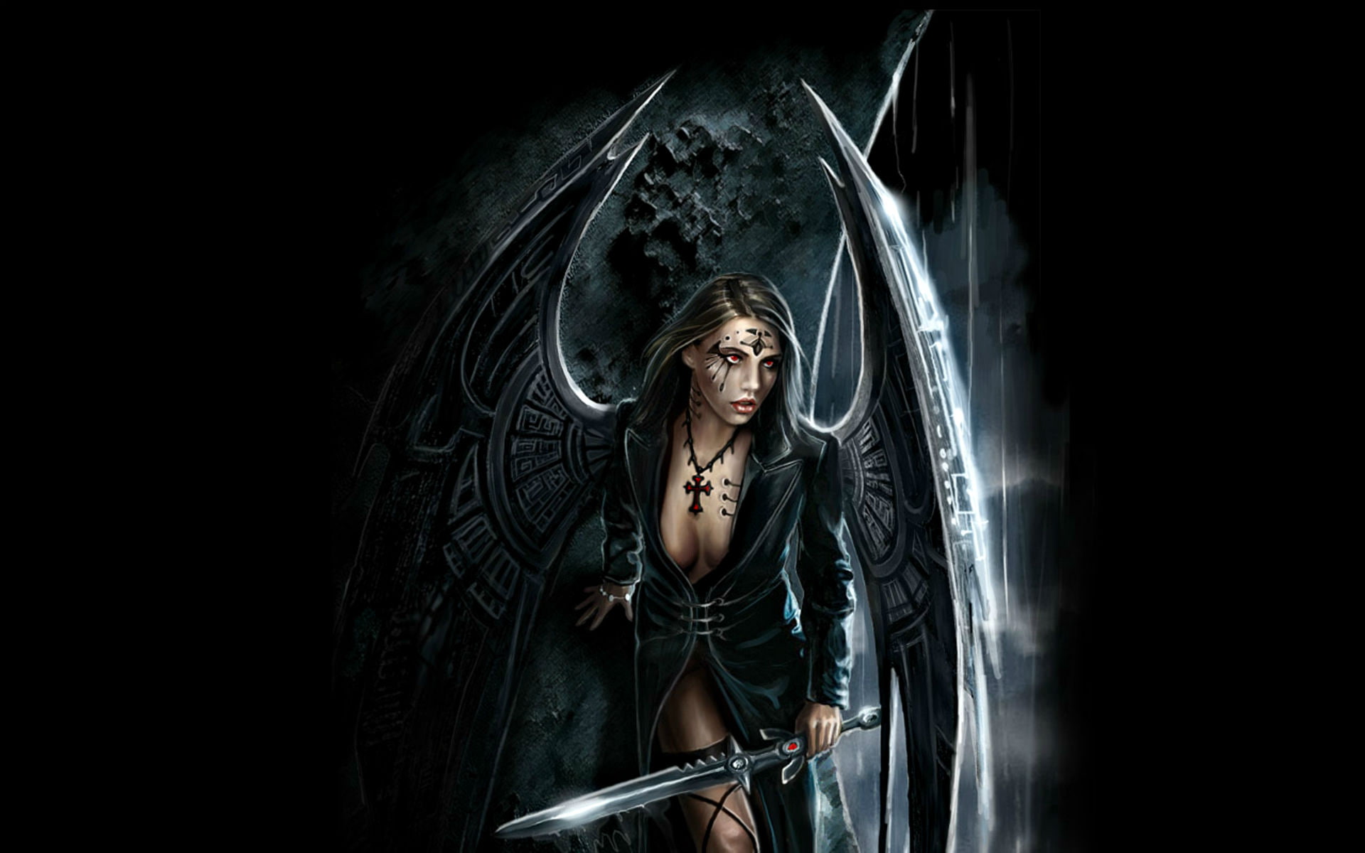 beauty, black color, Fantasy, warriors, women, dark, indoors, clothing, front view, sexy, adult, weapons, jacket, one person, hair, leather, 1080P, babes, HD Wallpaper