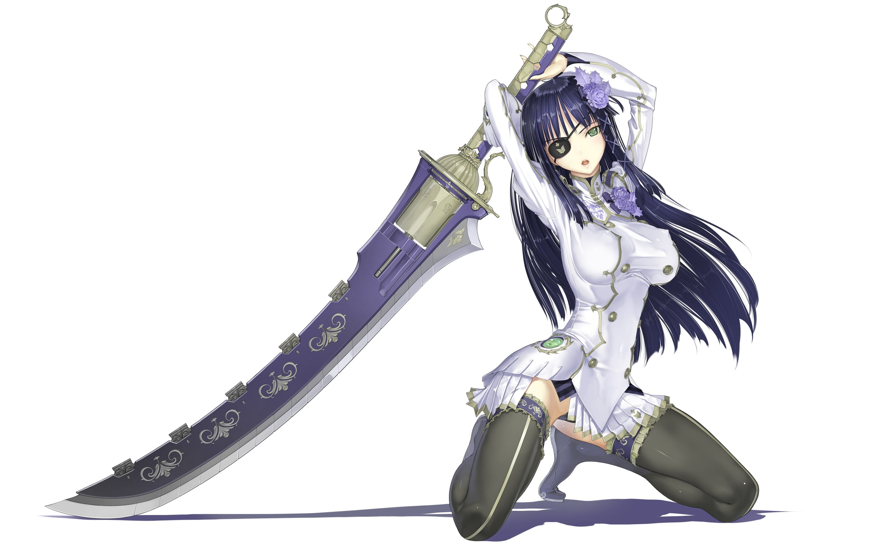 games, swords, eyes, nagisa, online, 2K, phantasy, eyepatch, girls, anime, Video Games, video, green, art, Uniform, hd, nature, flowers, star, HD Wallpaper