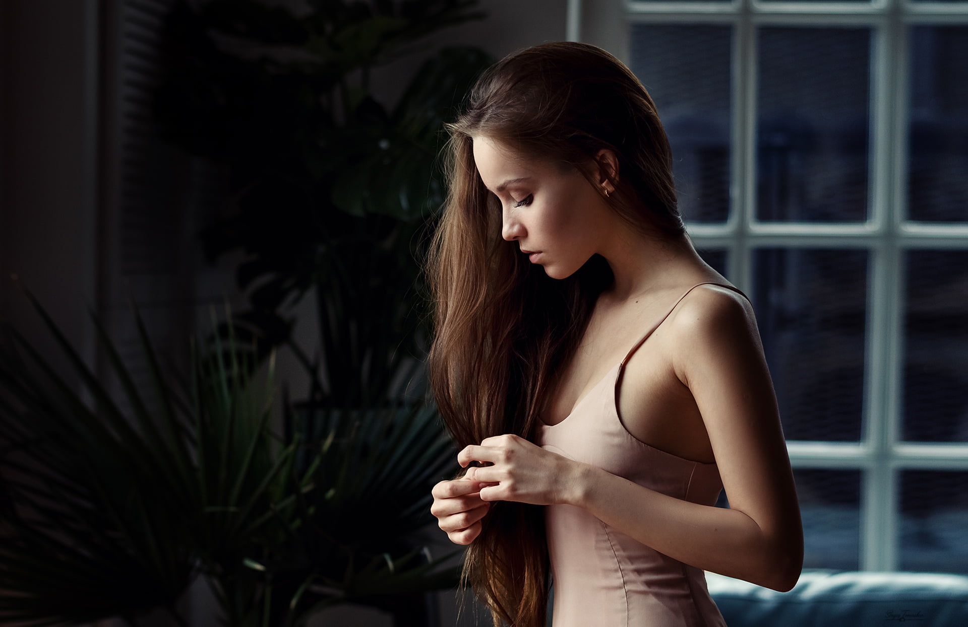 face, brunette, hands, indoors, Phoenix Raya, model, women indoors, women, 1080P, profile, long hair, looking away, dress, Sergey Tomashev, HD Wallpaper