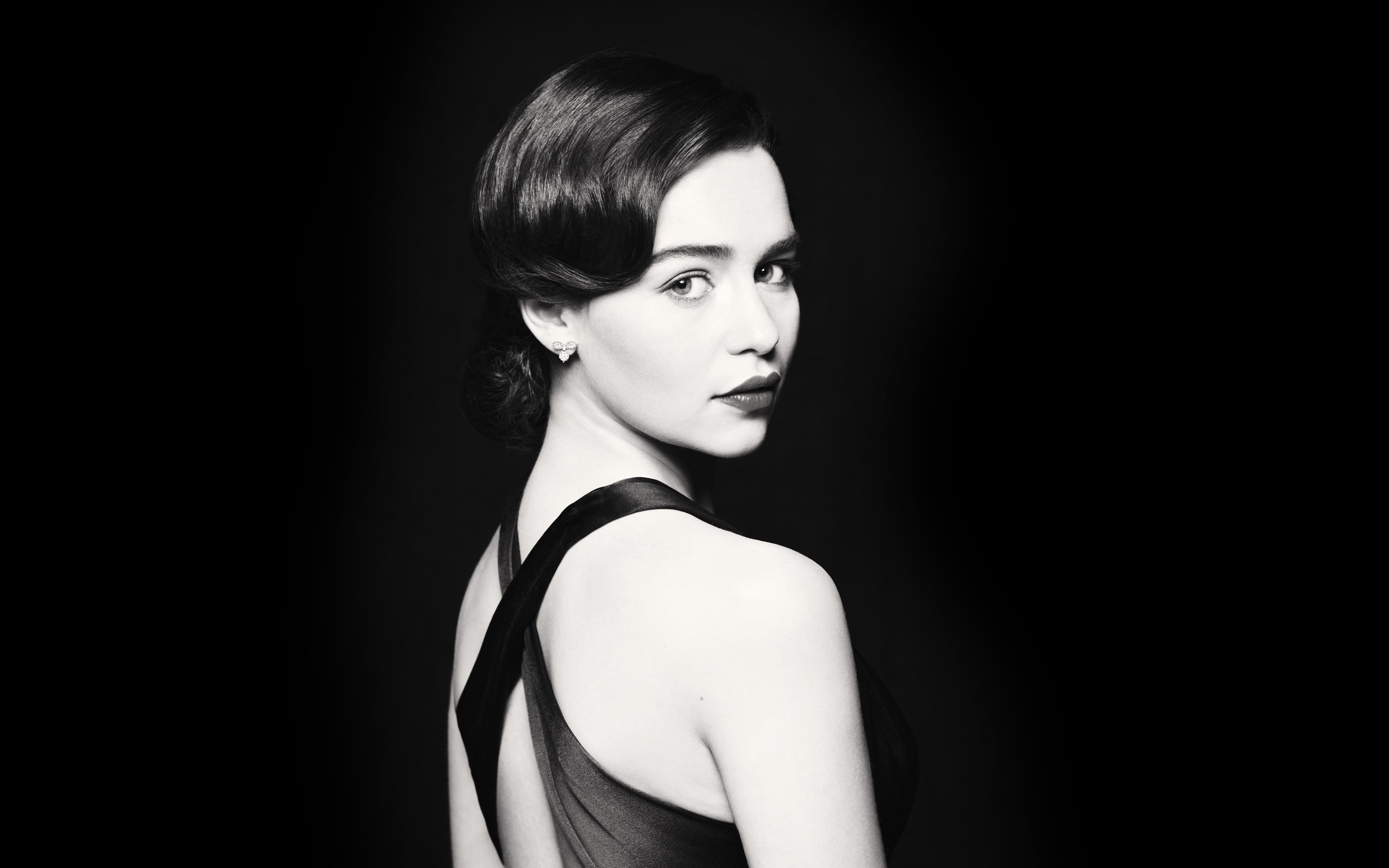simple background, glamour, young women, brunette, actress, one person, indoors, fashion, confidence, black background, Emilia Clarke, looking at camera, HD Wallpaper
