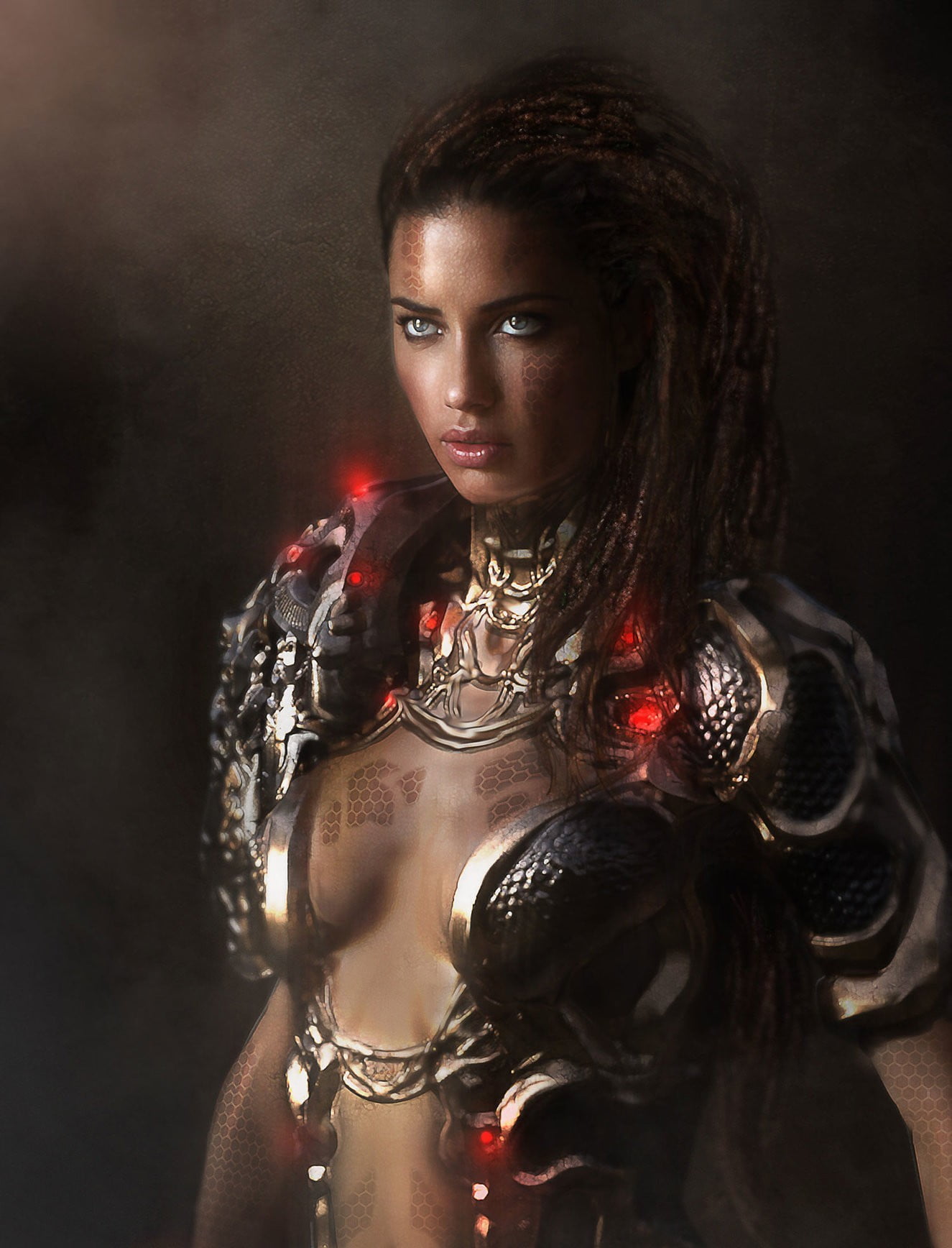 portrait, women, warrior, jewelry, cleavage, beauty, young adult, black background, drawing, long hair, armor, hair, beautiful woman, brunette, front view, Phone HD Wallpaper