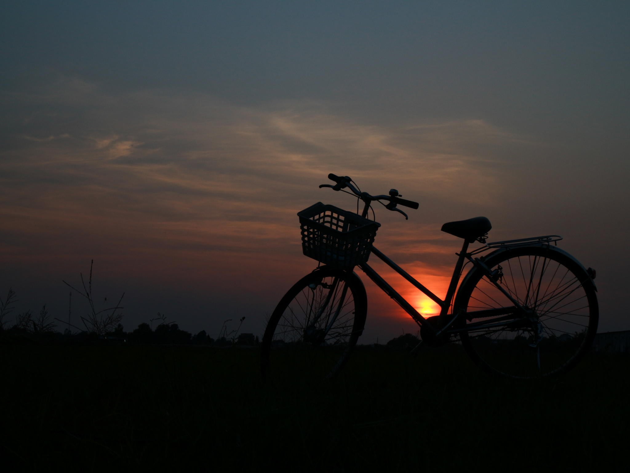 land, land vehicle, nature, sky, scenics - nature, basket, bicycle basket, 1080P, silhouette, orange color, beauty in nature, cloud - sky, field, bicycle, HD Wallpaper