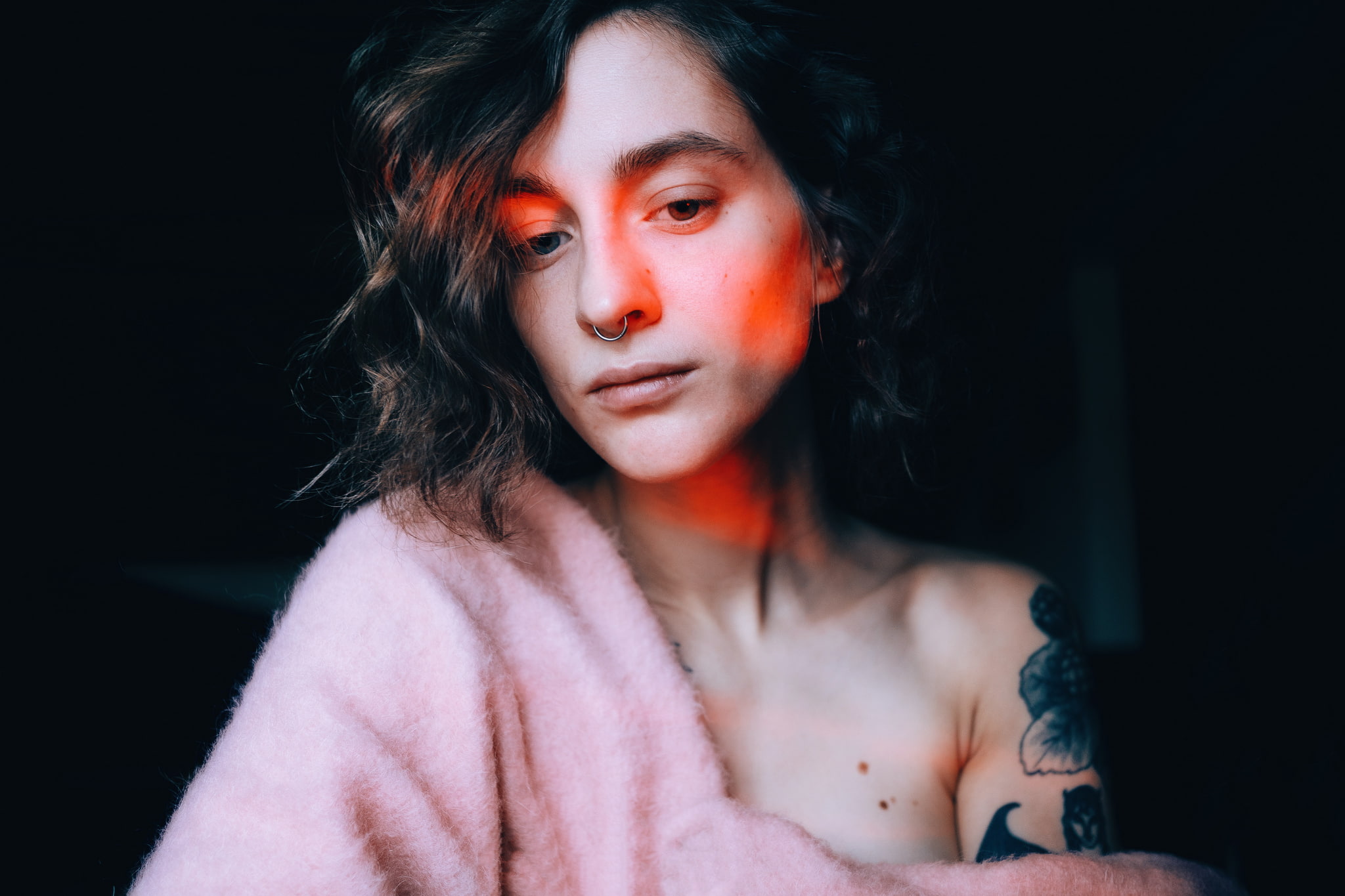 tattoo, looking at camera, beautiful woman, black background, dark hair, indoors, adult, young adult, women indoors, contemplation, women, hairstyle, hair, HD Wallpaper