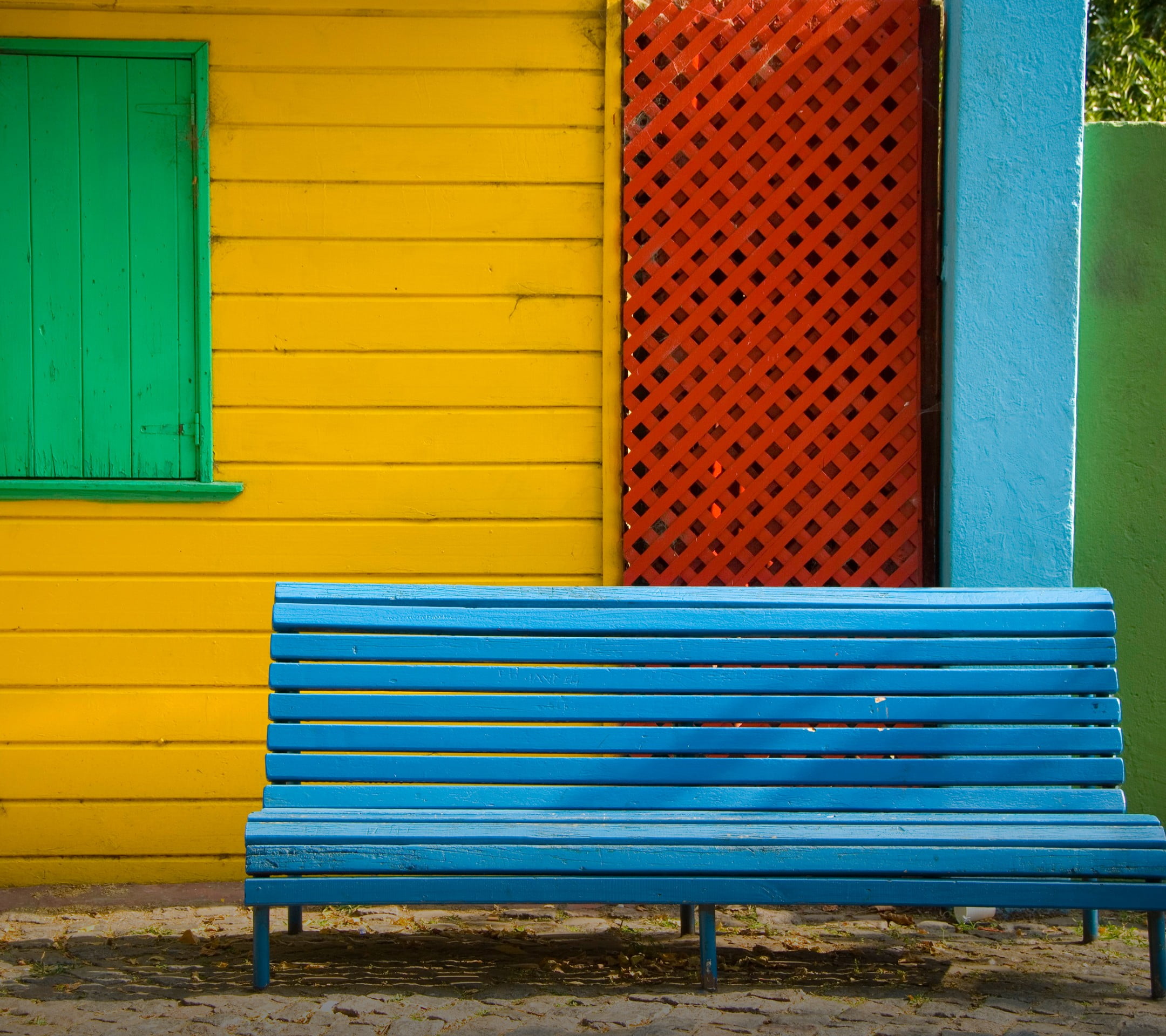 outdoors, chair, yellow, architecture, shutter, bench, day, Motorola, 1080P, no people, blue, empty, multi colored, building exterior, wood - material, HD Wallpaper