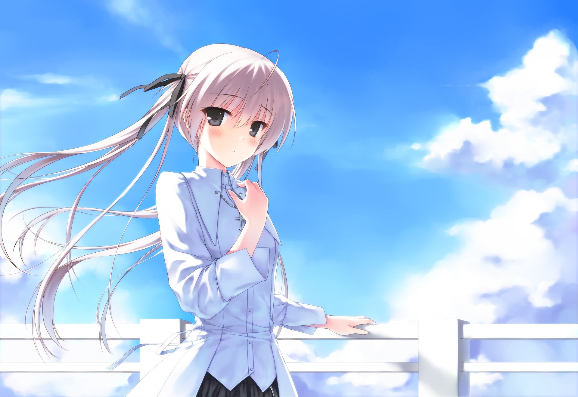 three quarter length, day, sunlight, childhood, hairstyle, sky, leisure activity, standing, 1080P, nature, blue, cloud - sky, innocence, lifestyles, yosuga no sora, HD Wallpaper