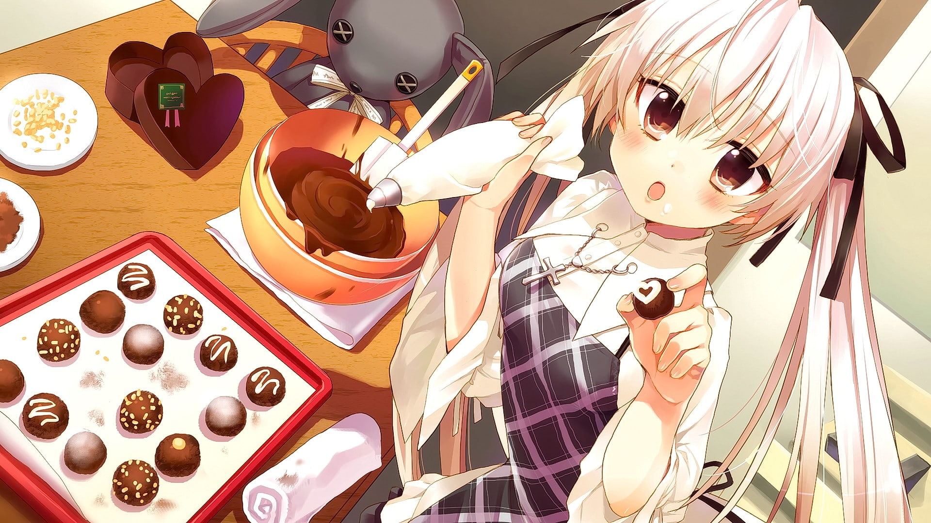 looking at viewer, creativity, art and craft, high angle view, anime girls, mask - disguise, food, toy, candies, human representation, Yosuga no Sora, craft, HD Wallpaper