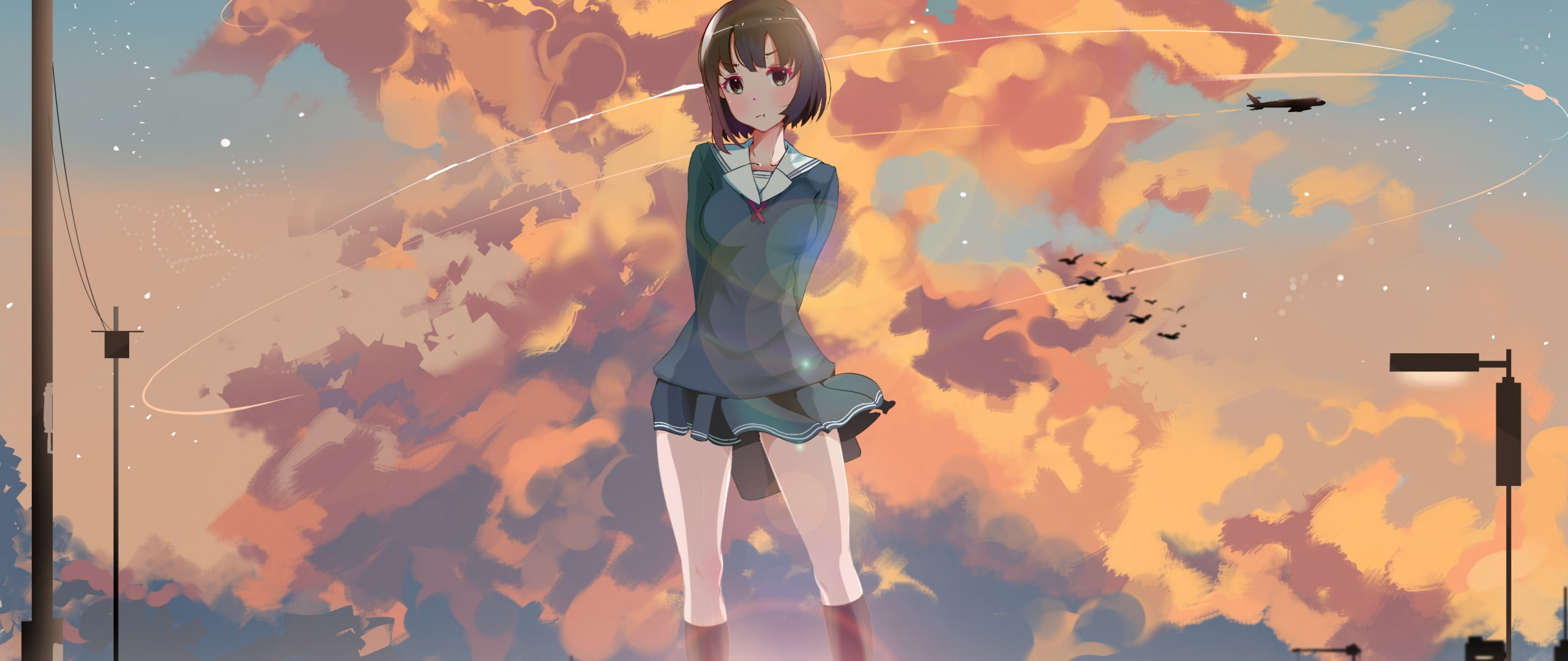 sky, ultra-wide, reflection, brunette, 2K, Katou Megumi, adult, anime, standing, women, real people, lifestyles, school uniform, anime girls, sunset, Saenai Heroine no Sodatekata, HD Wallpaper