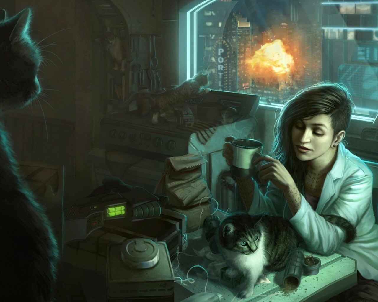 cats, futuristic, woman, cyberpunk, 720P, HD Wallpaper