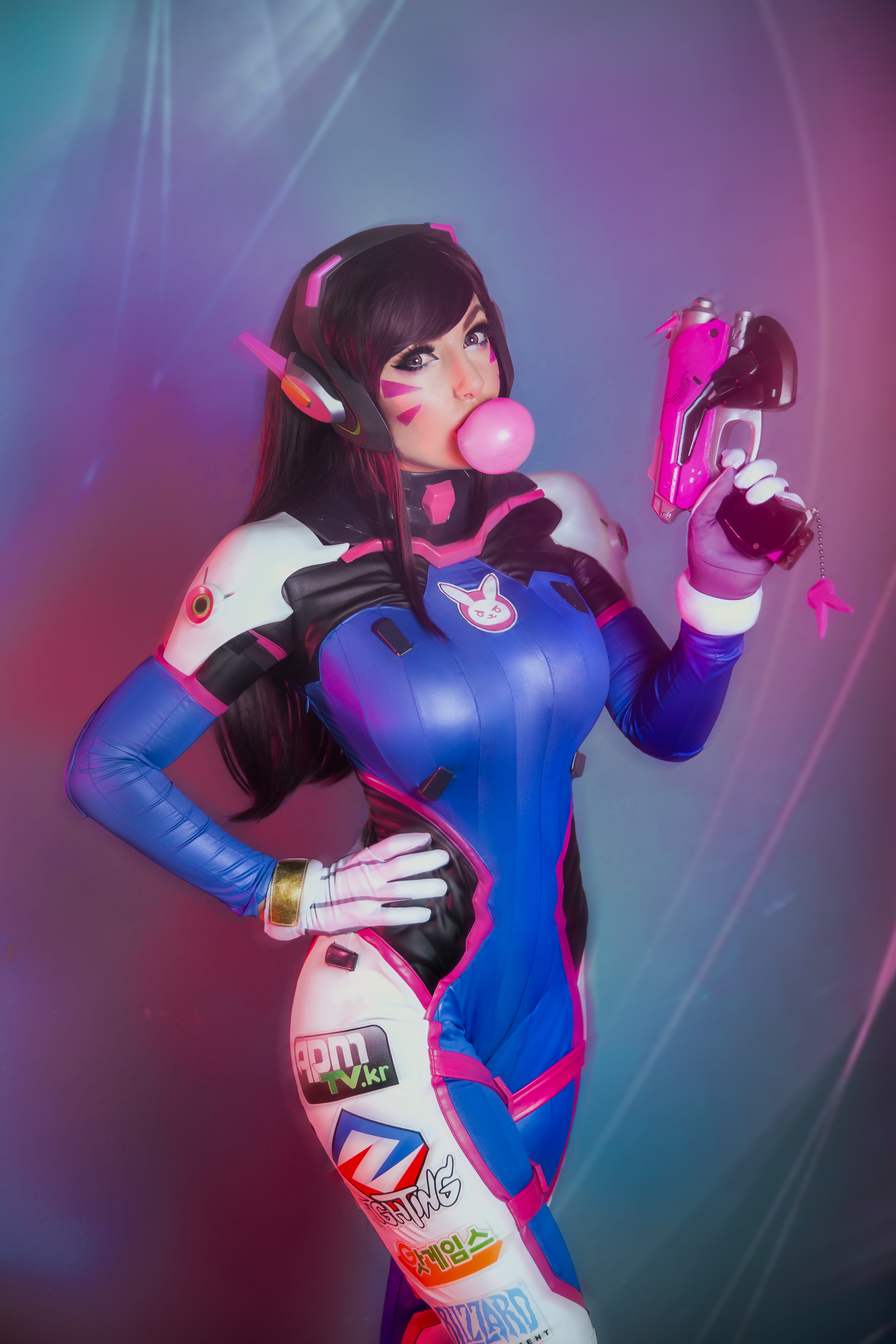 model, bubble gum, cosplay, tight clothing, Jessica Nigri, 5K, portrait display, D.Va (Overwatch), women, Phone HD Wallpaper
