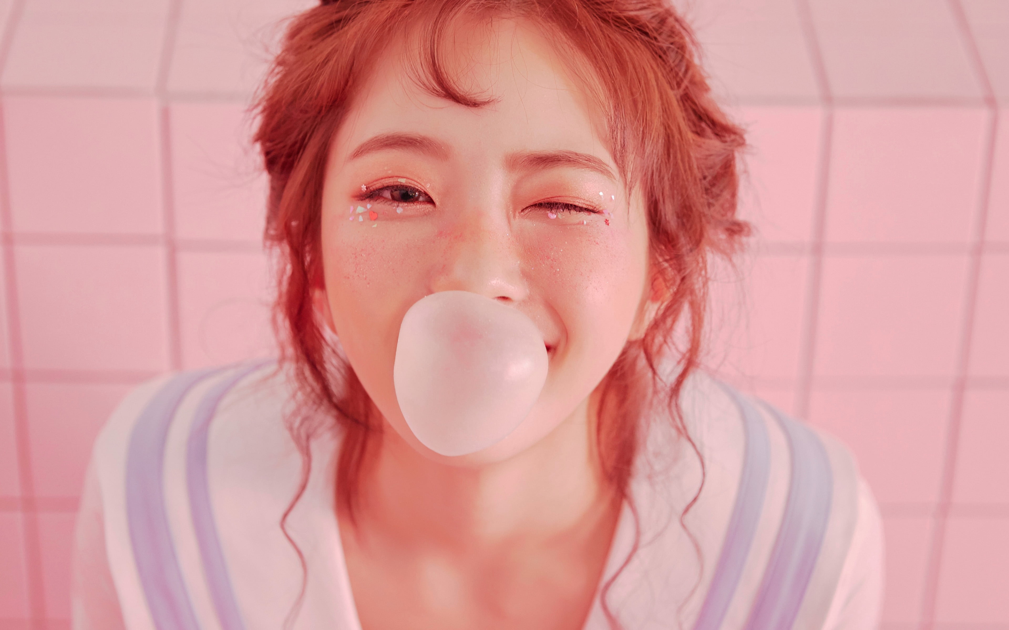 one person, innocence, fun, headshot, beautiful woman, hairstyle, lifestyles, kpop, looking at camera, 4K, adult, women, girl, redhead, young adult, bubble gum, HD Wallpaper