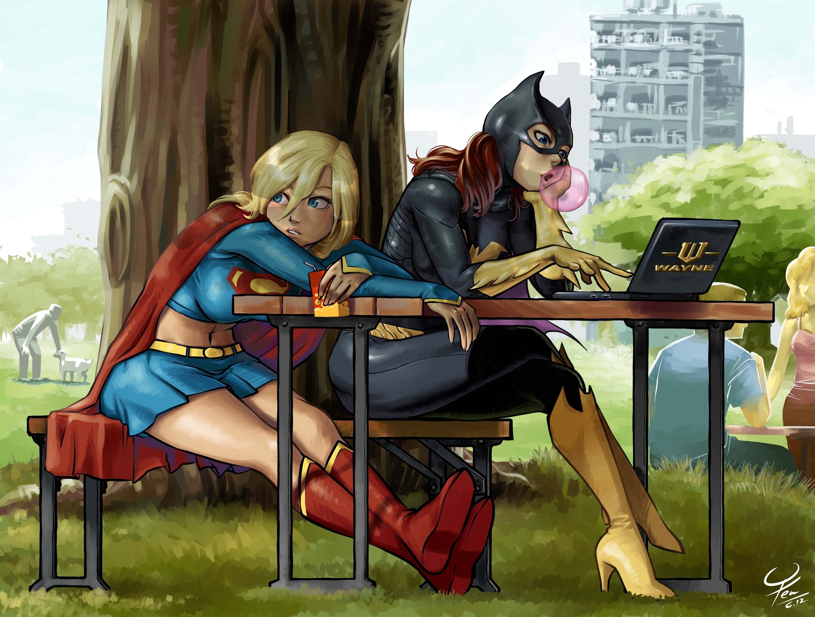 hd, gum, art, batgirl, dc, supergirl, laptops, bubble, comics, 2K, DC comics, Cartoons, artwork, parks, HD Wallpaper