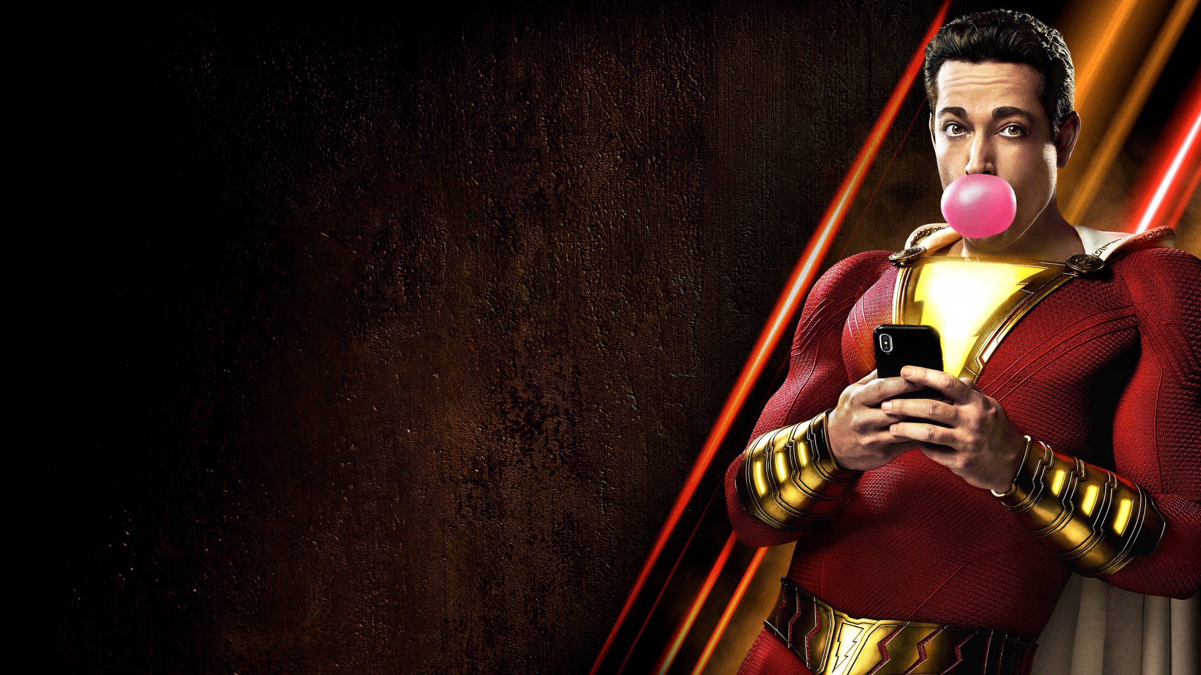 smartphone, costume, phone, Billy Batson, hero, DC comics, gum, Zachary Levi, Shazam, DC, bubble, 2019, 4K, HD Wallpaper