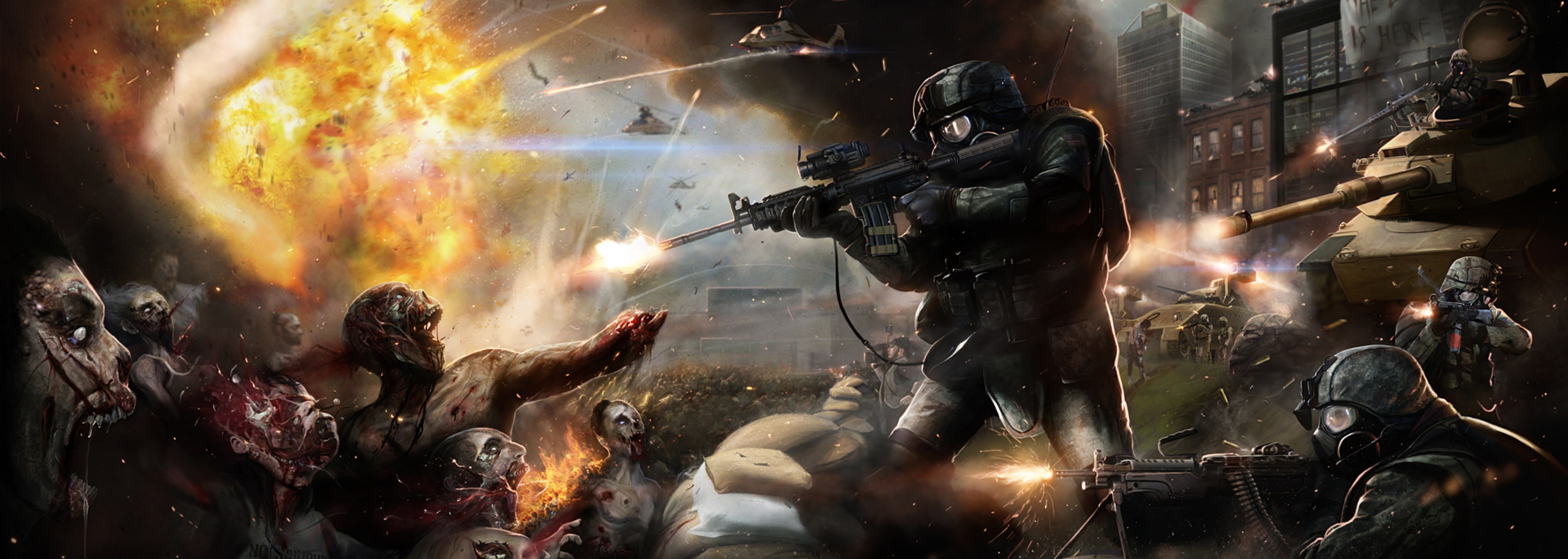 rifle, dual, assault, monitor, zombies, horror, multi, dark, world, sci, war, 2K, fire, apocalypse, guns, screen, weapns, HD Wallpaper