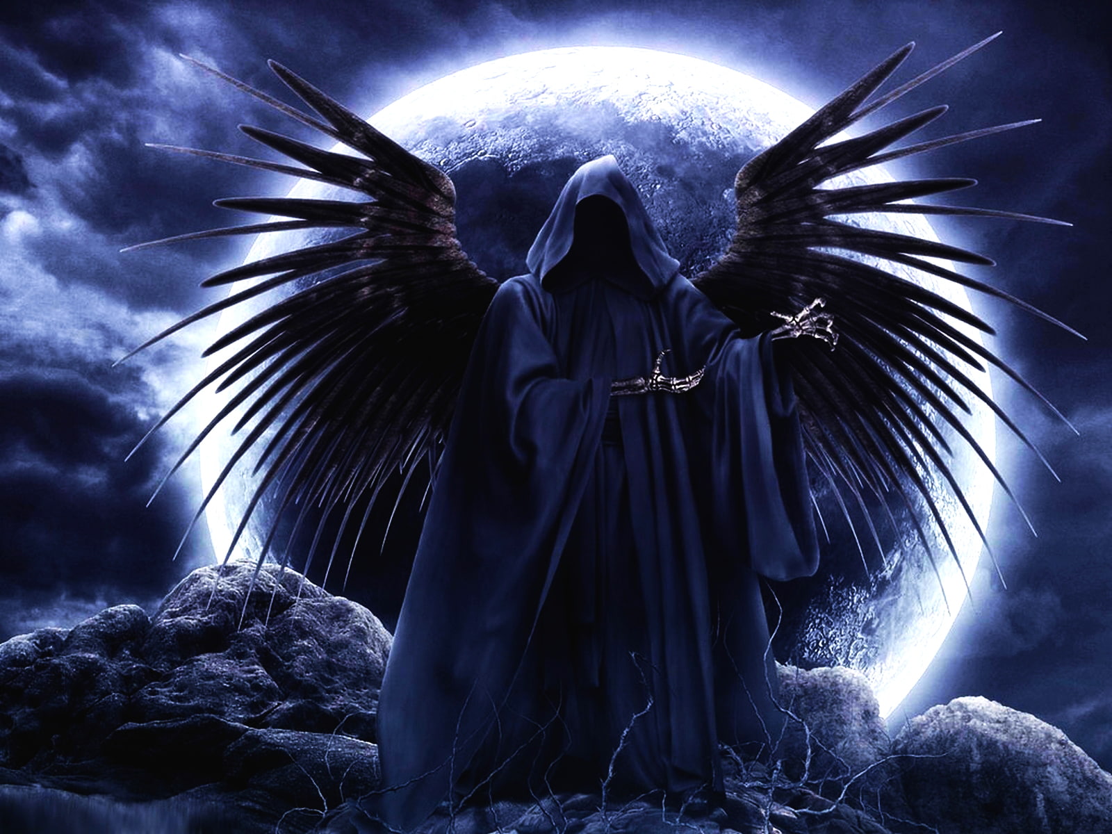 death, Moon, reaper, art, scary, horror, skeleton, Dark, 720P, wings, Gothic, spooky, creepy, grim, HD Wallpaper