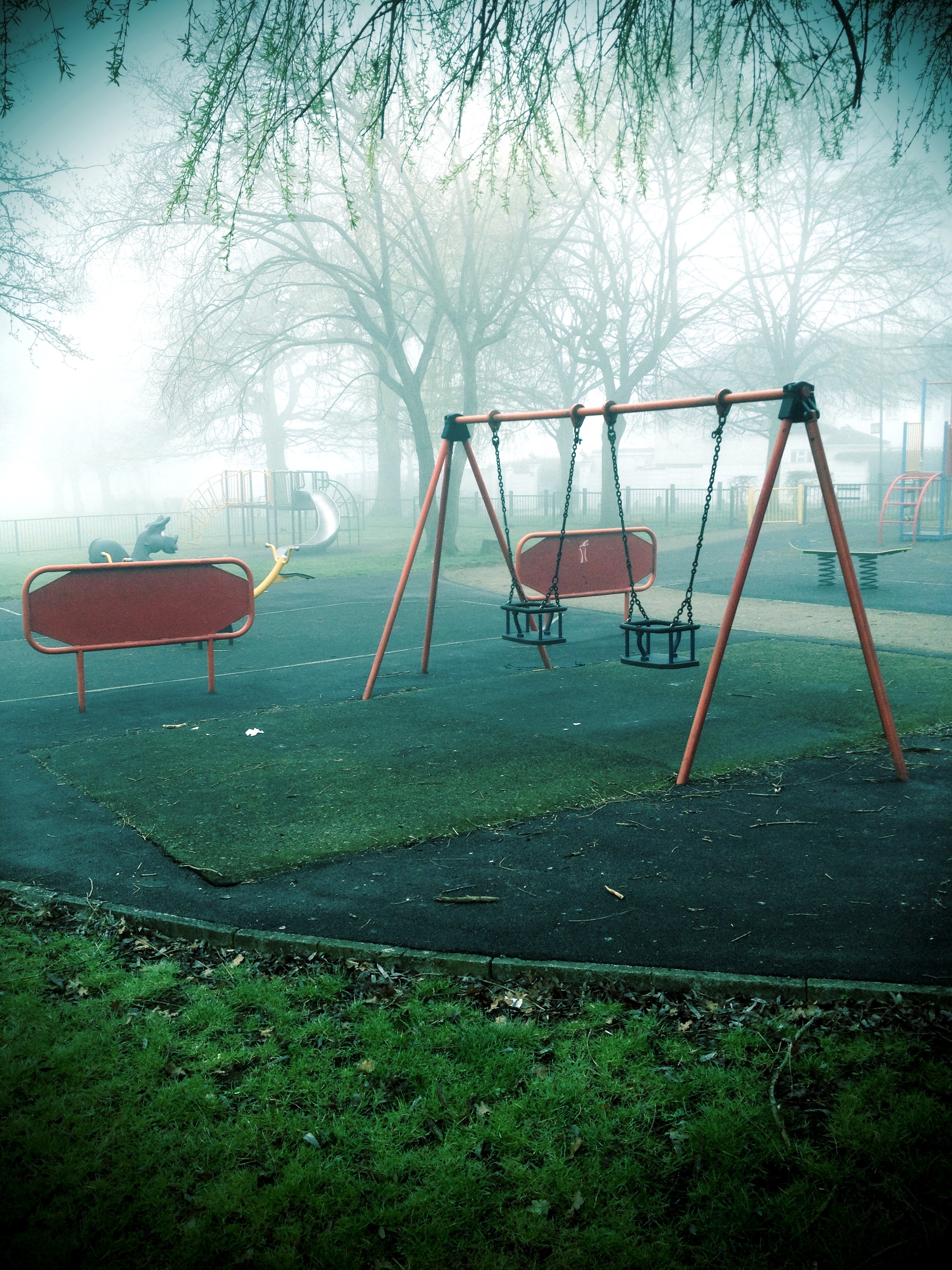 grass, dark, mist, outdoors, swing, playground, 2K, outdoor play equipment, spooky, beauty in nature, no people, scary, ghost, park, empty, fear, haunted, Phone HD Wallpaper