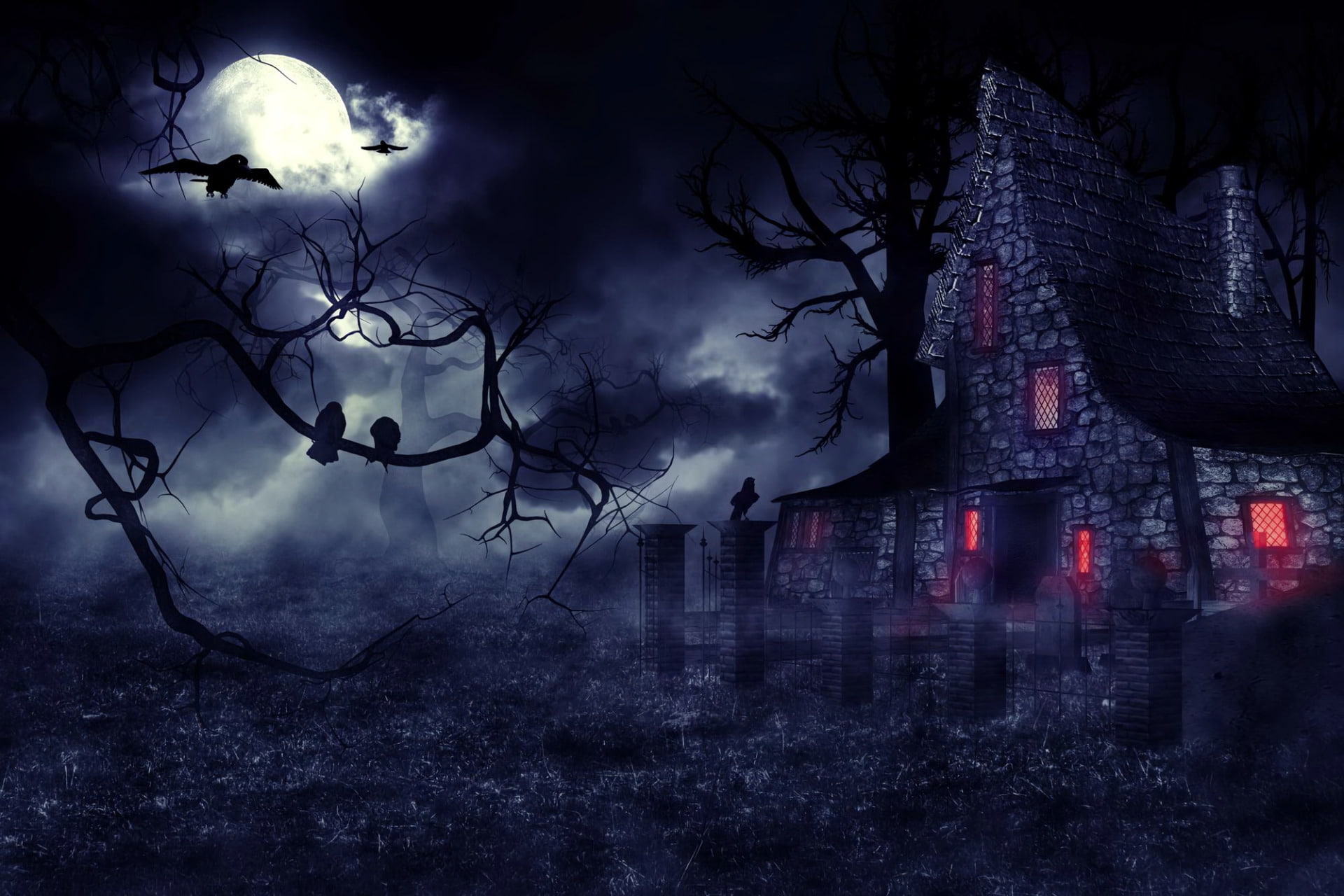 House, Creepy, Raven, Moon, 1080P, Haunted House, Night, Tree, Dark, HD Wallpaper