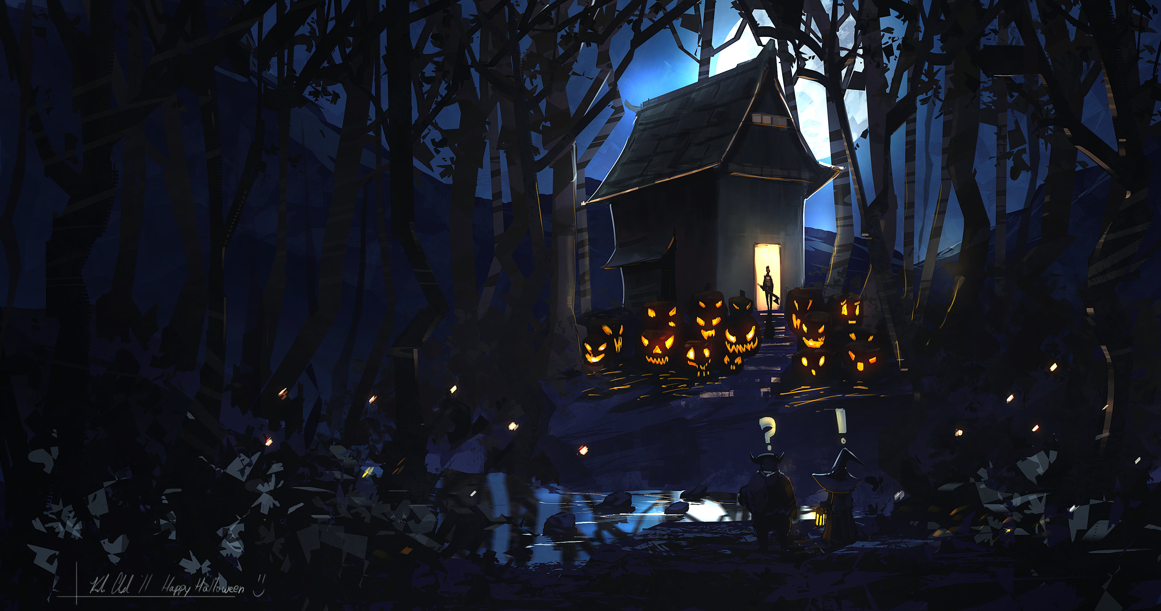 building exterior, place of worship, evil, pumpkin, crowd, night, group of people, illustration, belief, art, architecture, candle, the moon, happy halloween, HD Wallpaper