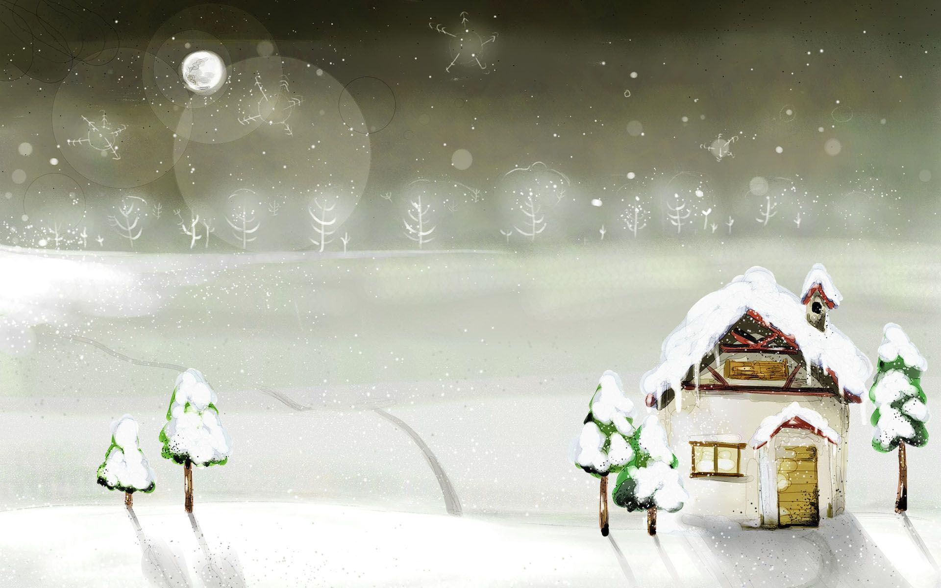 1920x1200, pine, snow, covered, winter, trees, illustration, night, 1080P, house, artistic, HD Wallpaper