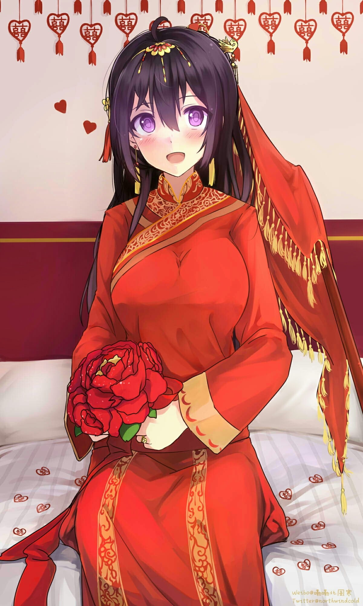 Miyaura Sanshio, purple eyes, long hair, anime girls, 1080P, flowers, anime, Chinese dress, brides, Phone HD Wallpaper