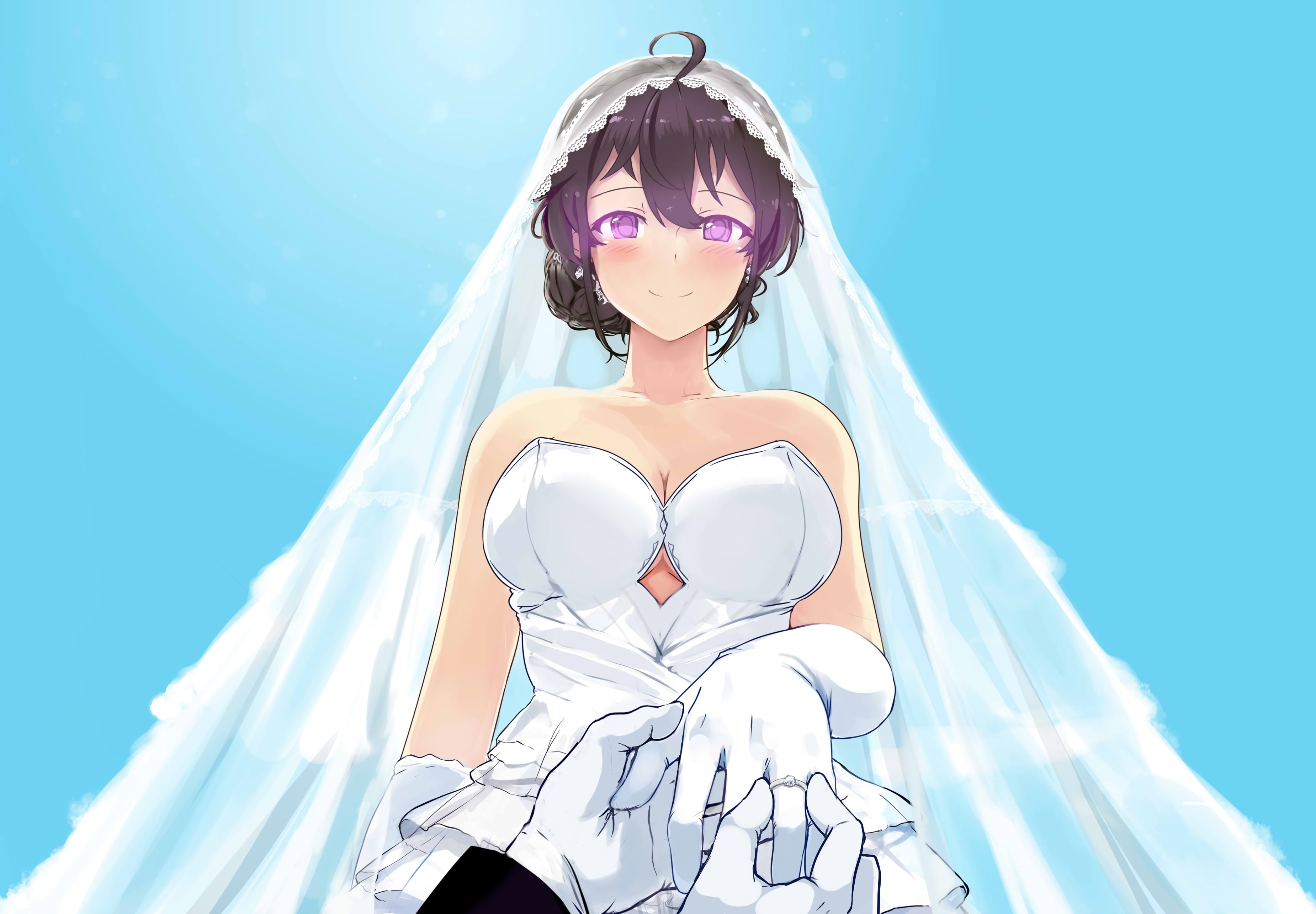 black, sanshio, original, miyaura, wedding, eyes, hair, attire, com, 2K, cleavage, gloves, beifeng, blush, han, konachan, cyan, 250845, purple, breasts, HD Wallpaper