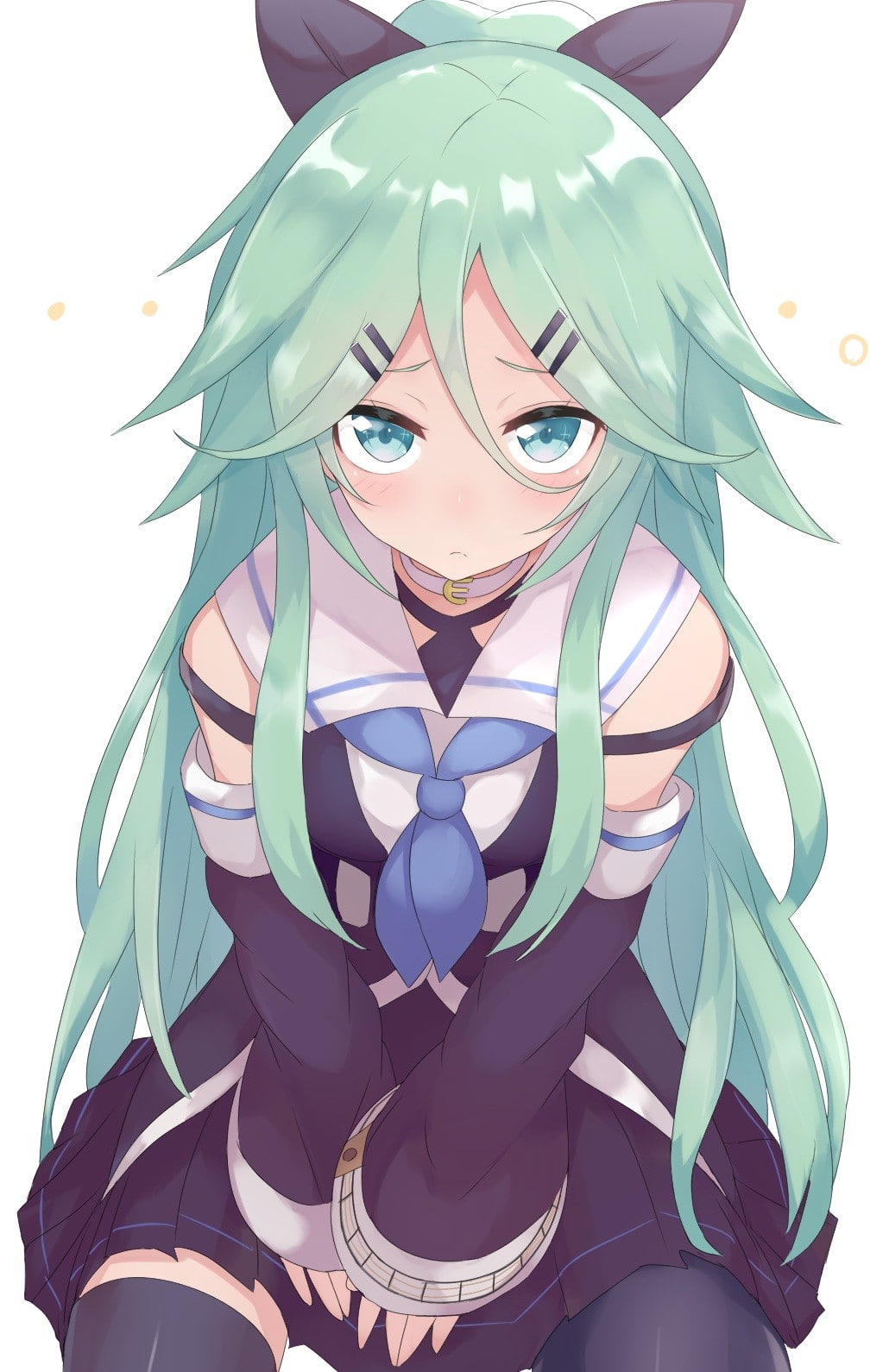 anime, hood - clothing, emotion, mask - disguise, disguise, aqua eyes, stockings, males, Yamakaze (KanColle), human body part, child, front view, aqua hair, Phone HD Wallpaper