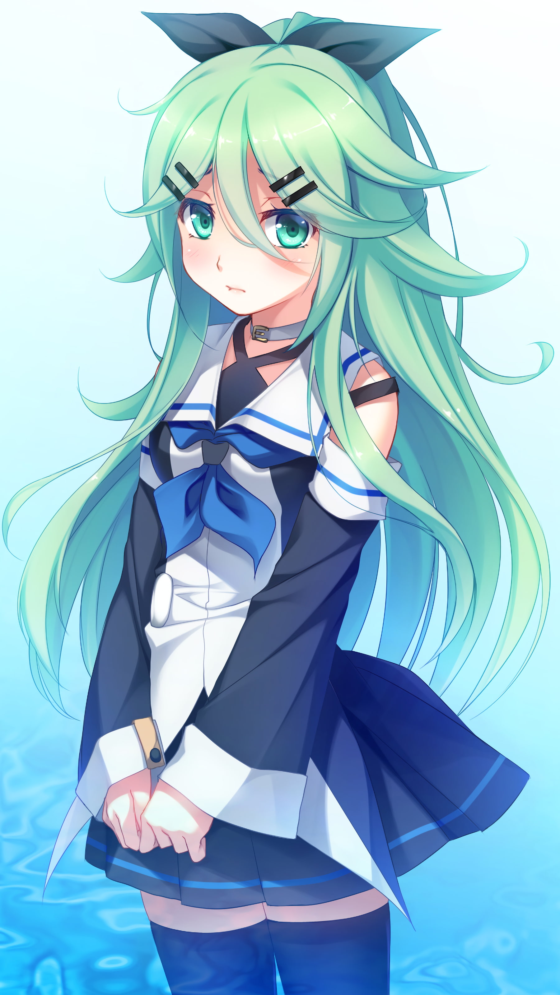 skirt, aqua eyes, Yamakaze (KanColle), anime, green hair, stockings, long hair, 2K, anime girls, Phone HD Wallpaper