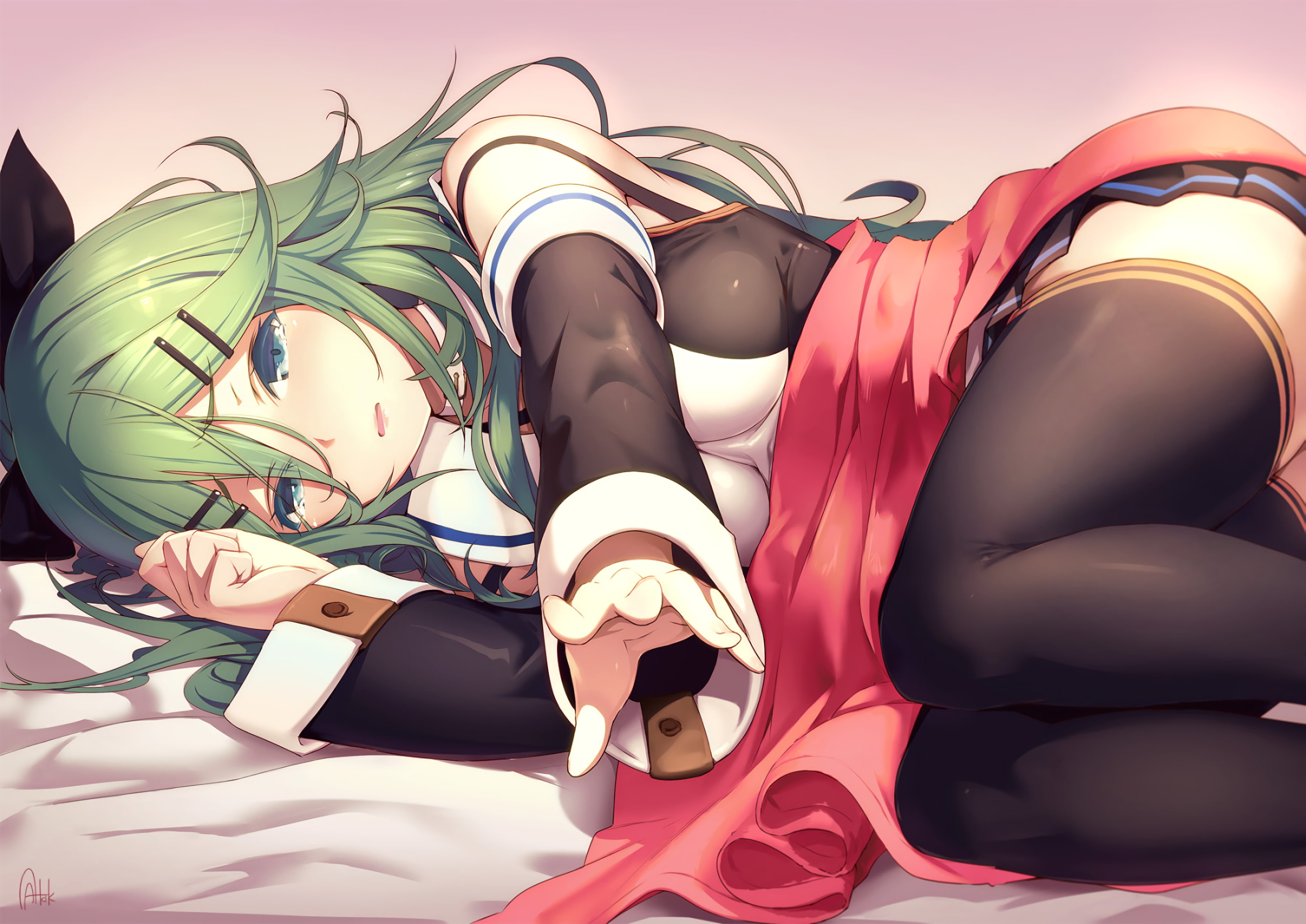 Kantai Collection, skirt, stockings, blue eyes, anime, 2K, anime girls, thigh-highs, Yamakaze (KanColle), long hair, green hair, HD Wallpaper