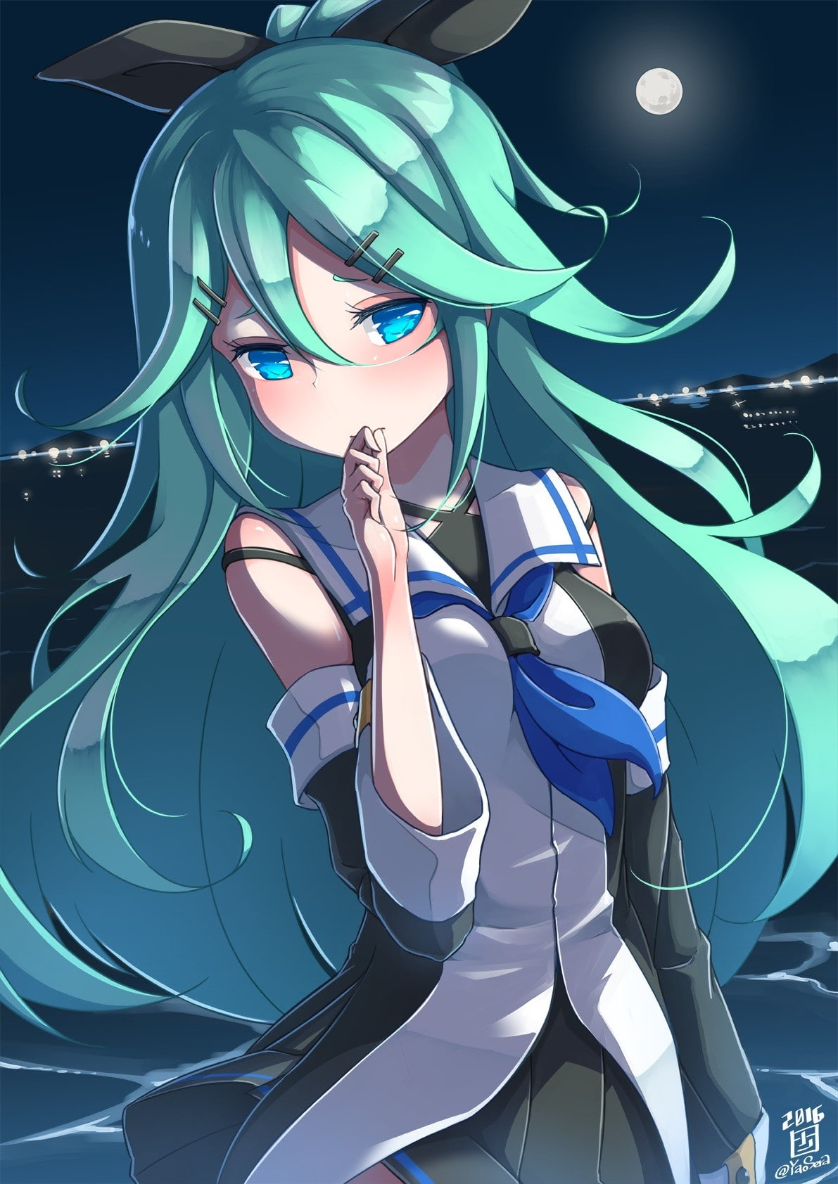 blue eyes, 720P, night, long hair, aqua hair, Kantai Collection, Moon, Yamakaze (KanColle), anime girls, anime, Phone HD Wallpaper