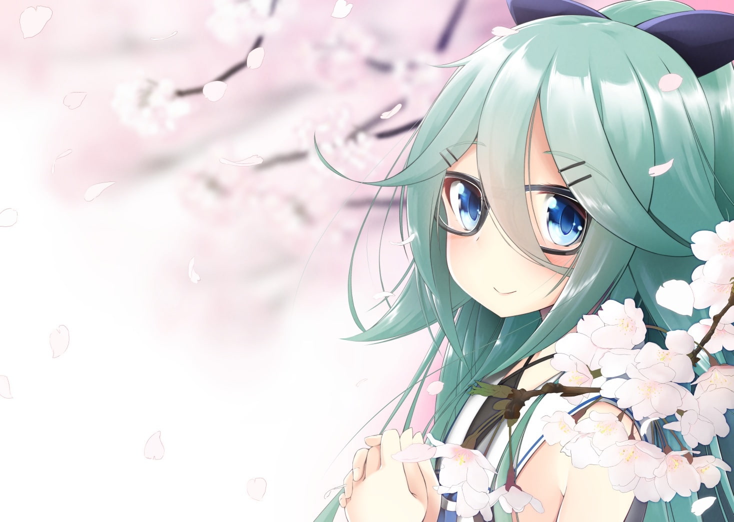 aqua, cherry, kantai, 239717, long, eyes, konachan, green, collection, hair, com, nekobaka, yamakaze, (kancolle), blossoms, petals, 720P, anthropomorphism, HD Wallpaper