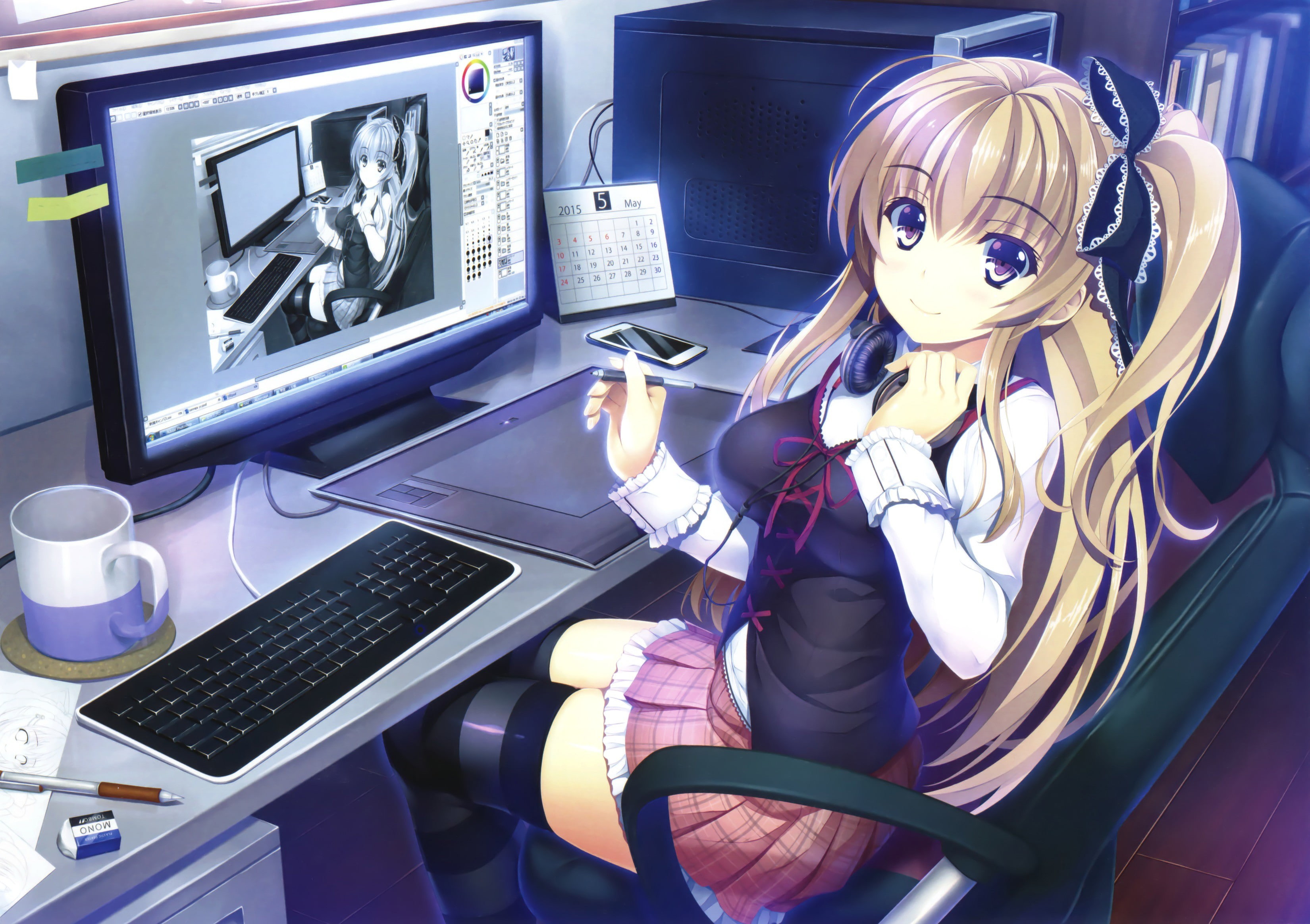 keyboards, graphics tablets, computer, thigh-highs, 2K, original characters, anime, skirt, HD Wallpaper