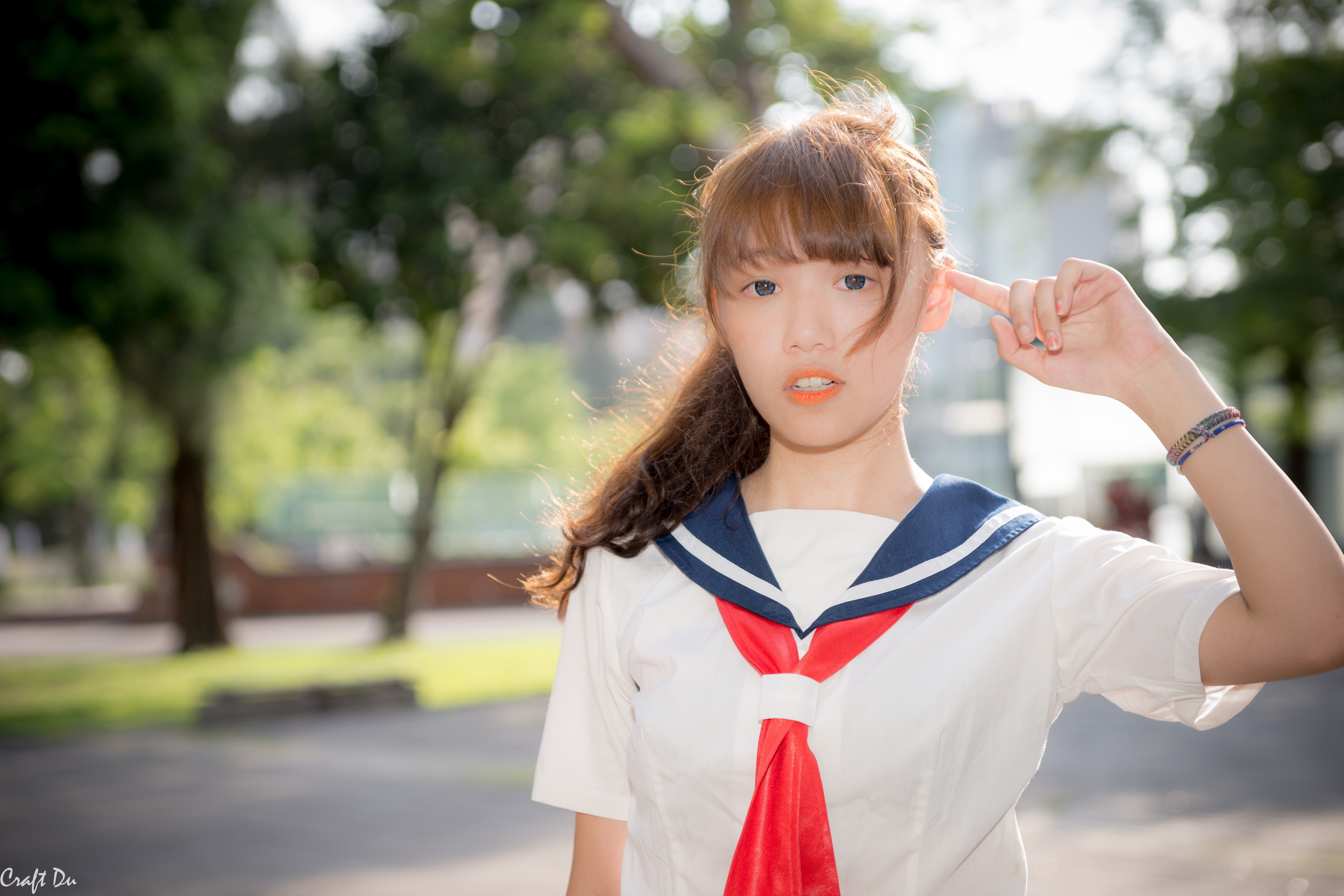 beautiful woman, hair, young adult, waist up, women, Asian, day, front view, bangs, young women, arms raised, leisure activity, school uniform, tree, one person, HD Wallpaper