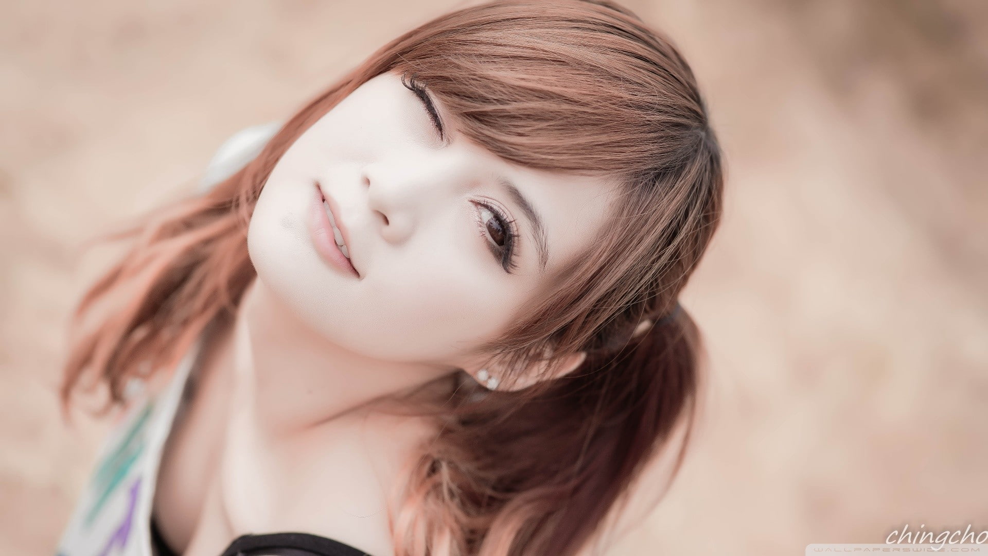 auburn hair, women, Asian, winking, 1080P, HD Wallpaper