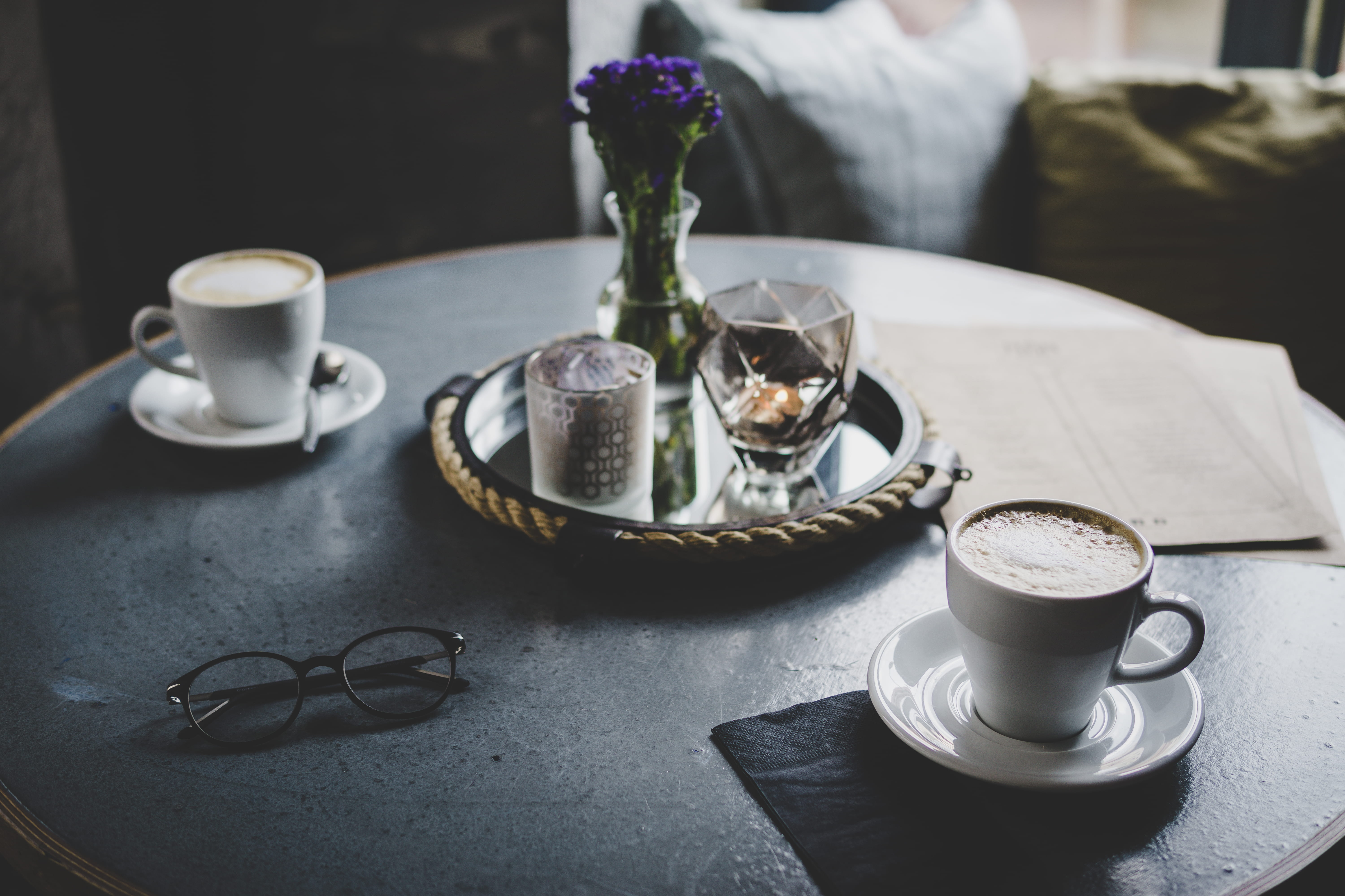 still life, interior, drink, tray, refreshment, hot drink, saucer, freshness, teacups, crockery, glasses, coffee - drink, two, mug, saucers, flower, candle, HD Wallpaper