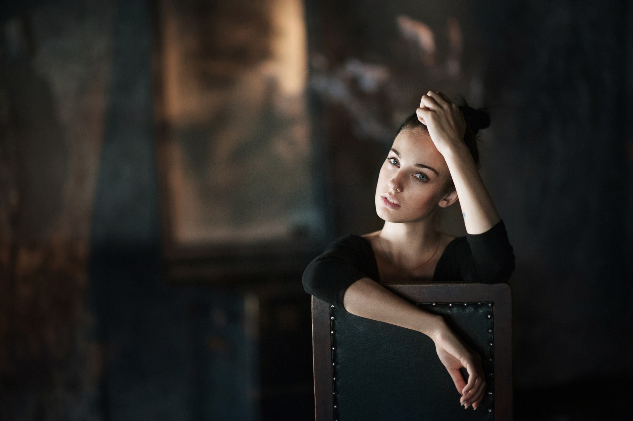 waist up, headshot, young women, beautiful woman, women, looking away, sitting, contemplation, beauty, chair, indoors, hair, Alla Berger, emotion, face, HD Wallpaper