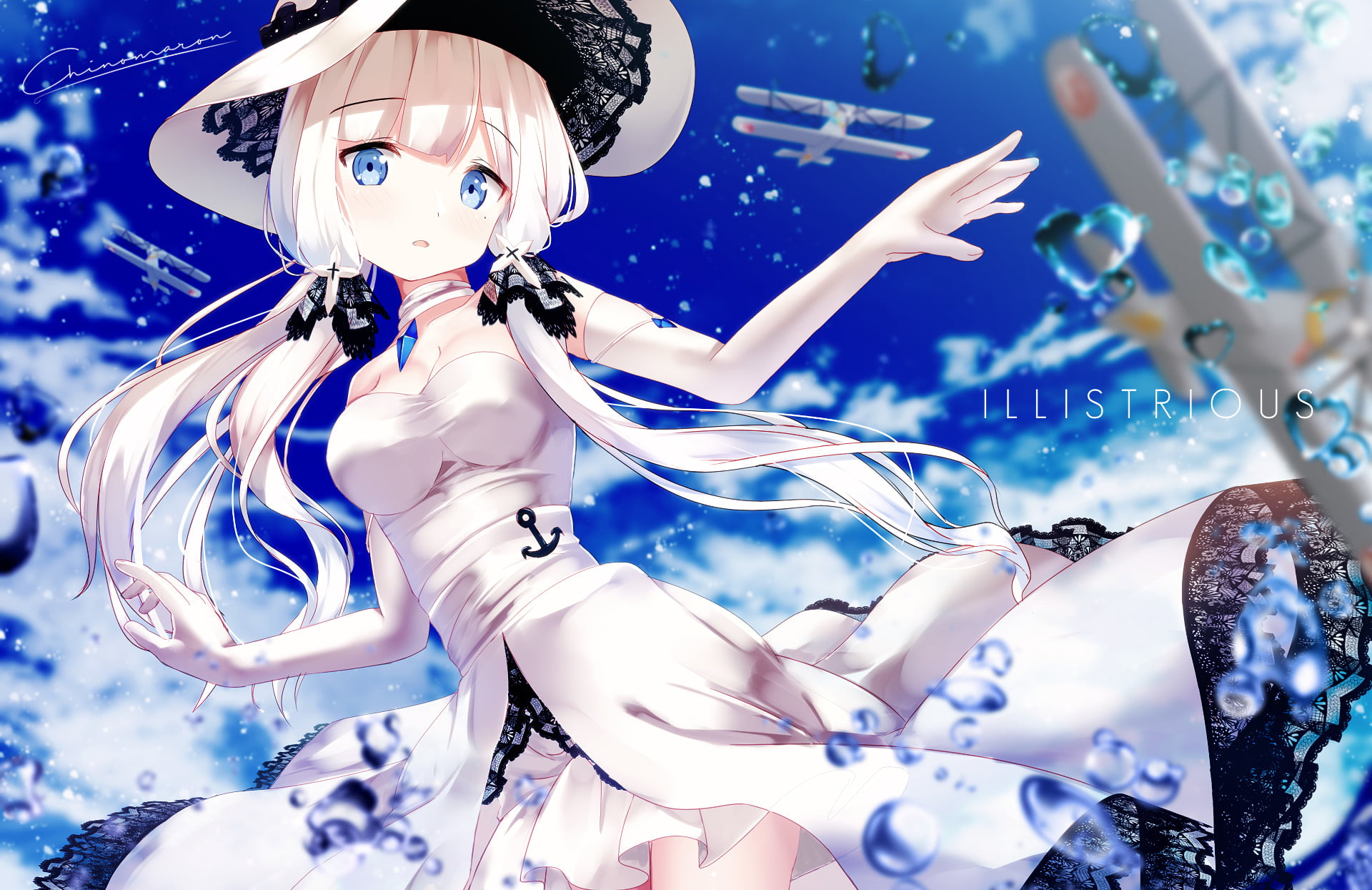 close-up, low angle view, illuminated, Anime, representation, Azur Lane, celebration, 1080P, decoration, blue, shiny, event, focus on foreground, no people, HD Wallpaper