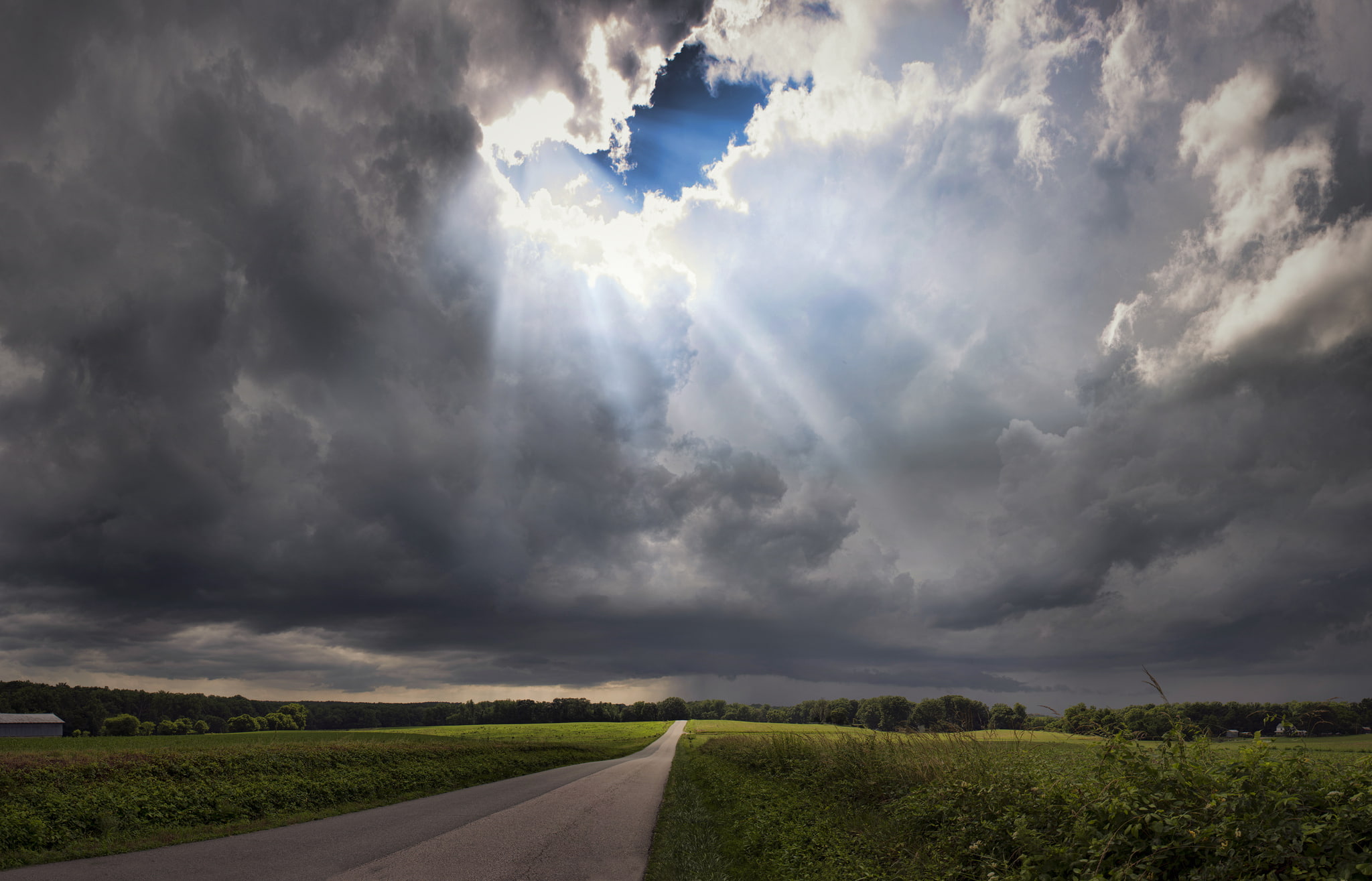 field, USA, rays, VA, Virginia, road, trees, the sky, clearance, clouds, 1080P, grass, the storm, HD Wallpaper
