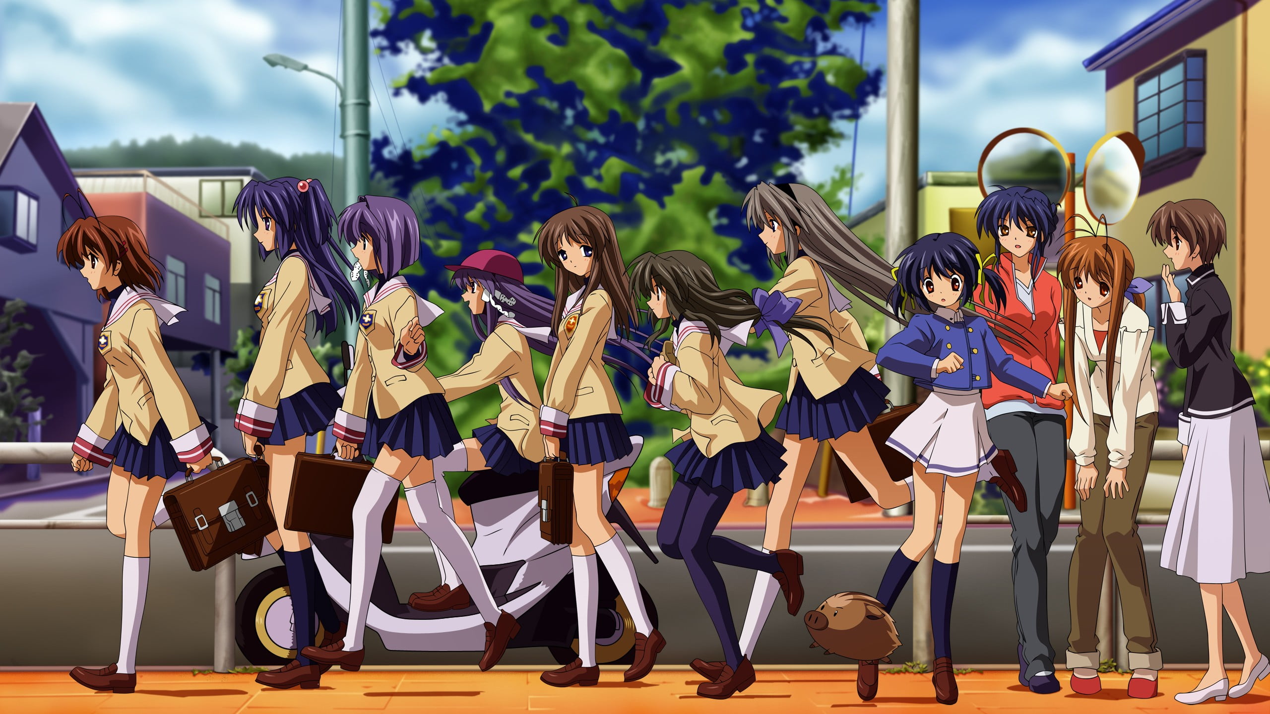 Ibuki Kouko, uniform, standing, arms raised, childhood, schoolgirl, Sunohara Mei, child, education, anime girls, girls, women, costume, Sakagami Tomoyo, HD Wallpaper