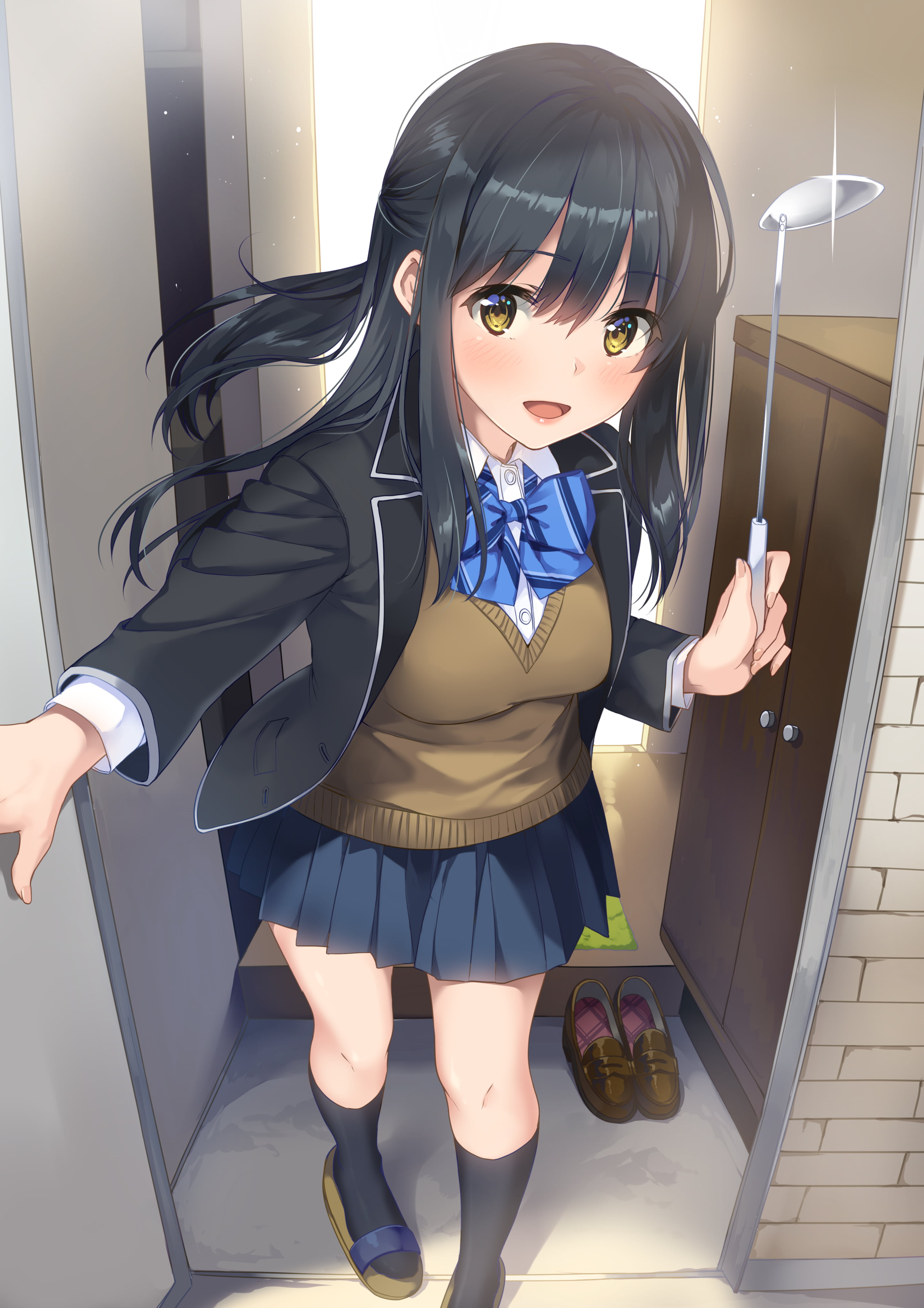 school uniform, 4K, Unasaka Ryou, anime girls, black hair, Phone HD Wallpaper
