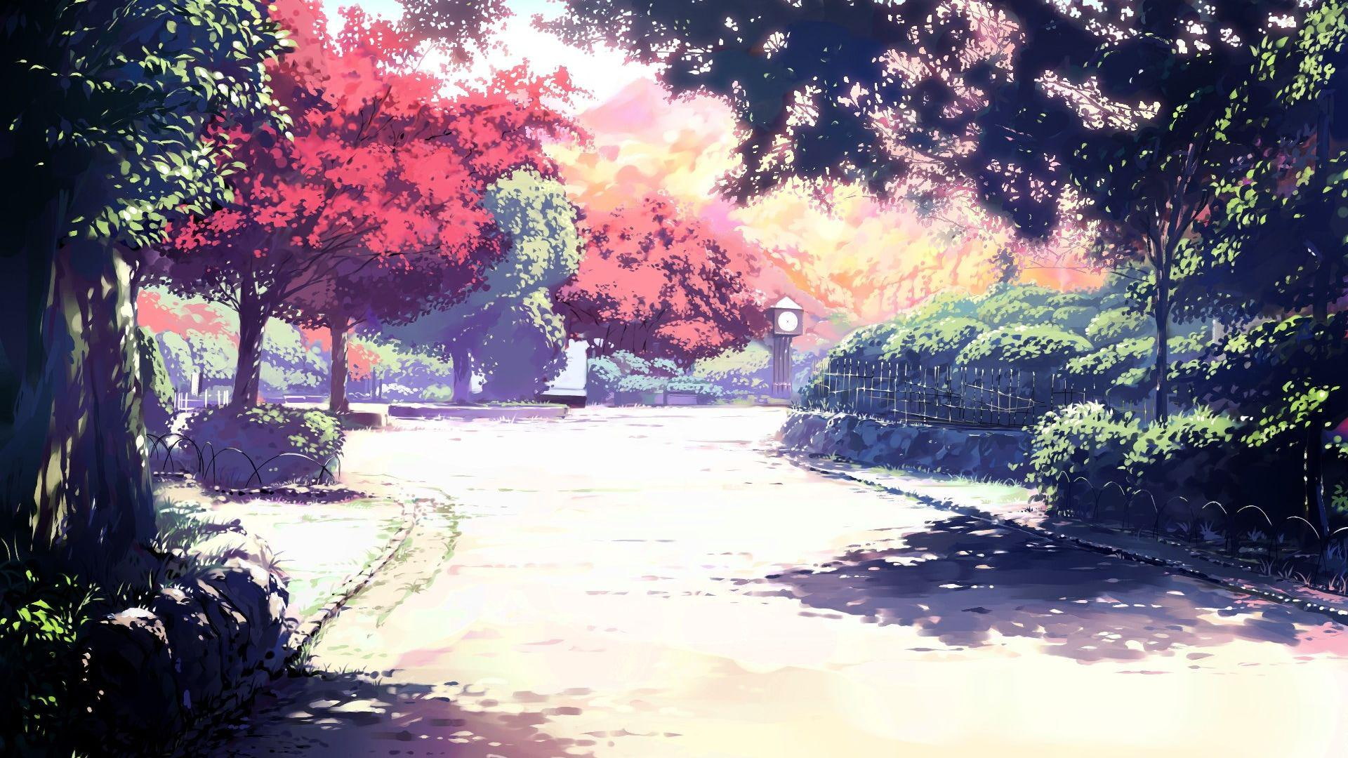 1080P, fences, trees, sunlight, akizora ni mau confetti, roads, artwork, ueda ryou, clocks, scenic, nature, HD Wallpaper
